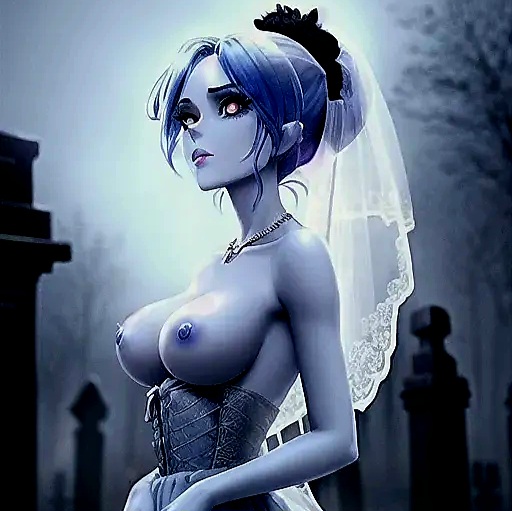 1girls ai_generated artist_request backlighting blue_skin breasts breasts_exposed bridal_veil bride cemetery copyright_request corset exposed_breasts ghost ghost_girl gravestone graveyard hair_bun lonely medium_breasts necklace night no_pupils outdoors pointy_nose short_hair solo source_request tombstone topless_female tree undead upper_body wedding_dress