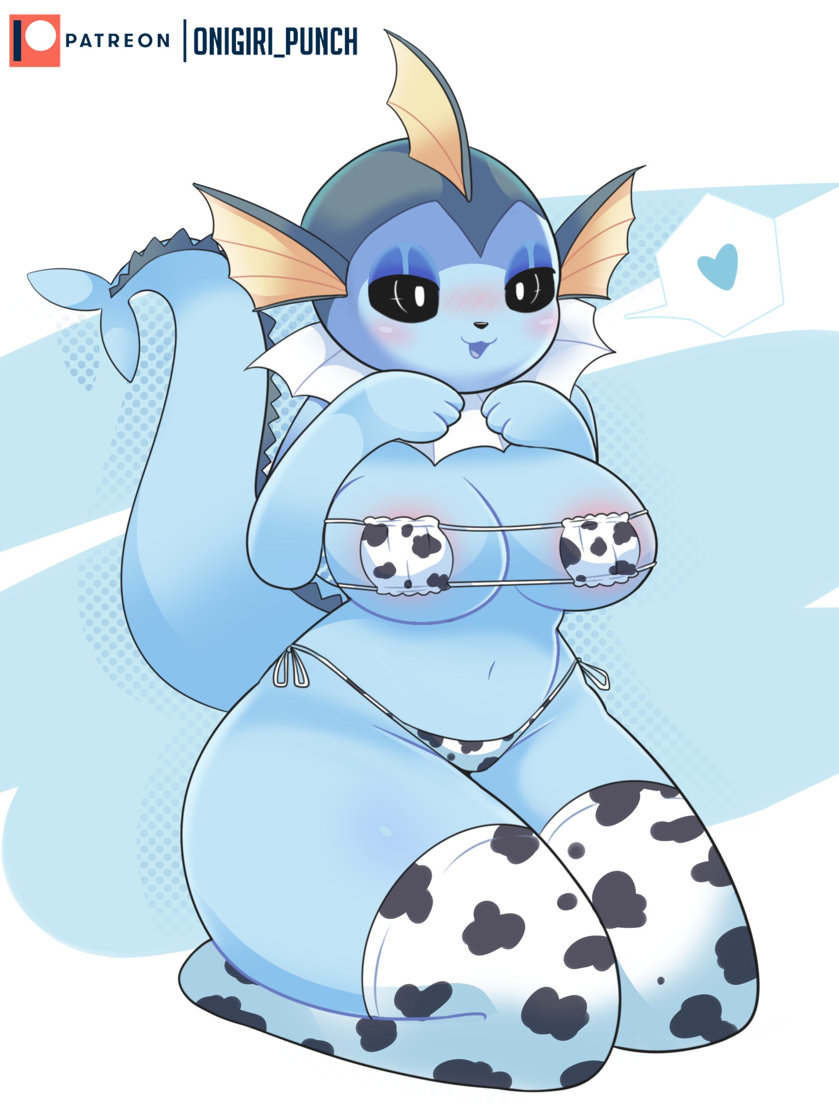 3 fingers, animal bikini, animal print, anthro, areola, artist name, big breasts, bikini, blue body, blush, breasts, clothed, clothing, cow bikini, cow print, cow print bikini, cow print thighhighs, digital media (artwork), eeveelution, female, fingers, fur, heart, hi res, kneeling, legwear, navel, nintendo, onigiri punch, open mouth, pattern clothing, pattern swimwear, pokémon (species), pokemon, pokemon (species), simple background, smile, solo, speech bubble, stockings, swimwear, thick thighs, thigh highs, vaporeon, video games, wide hips