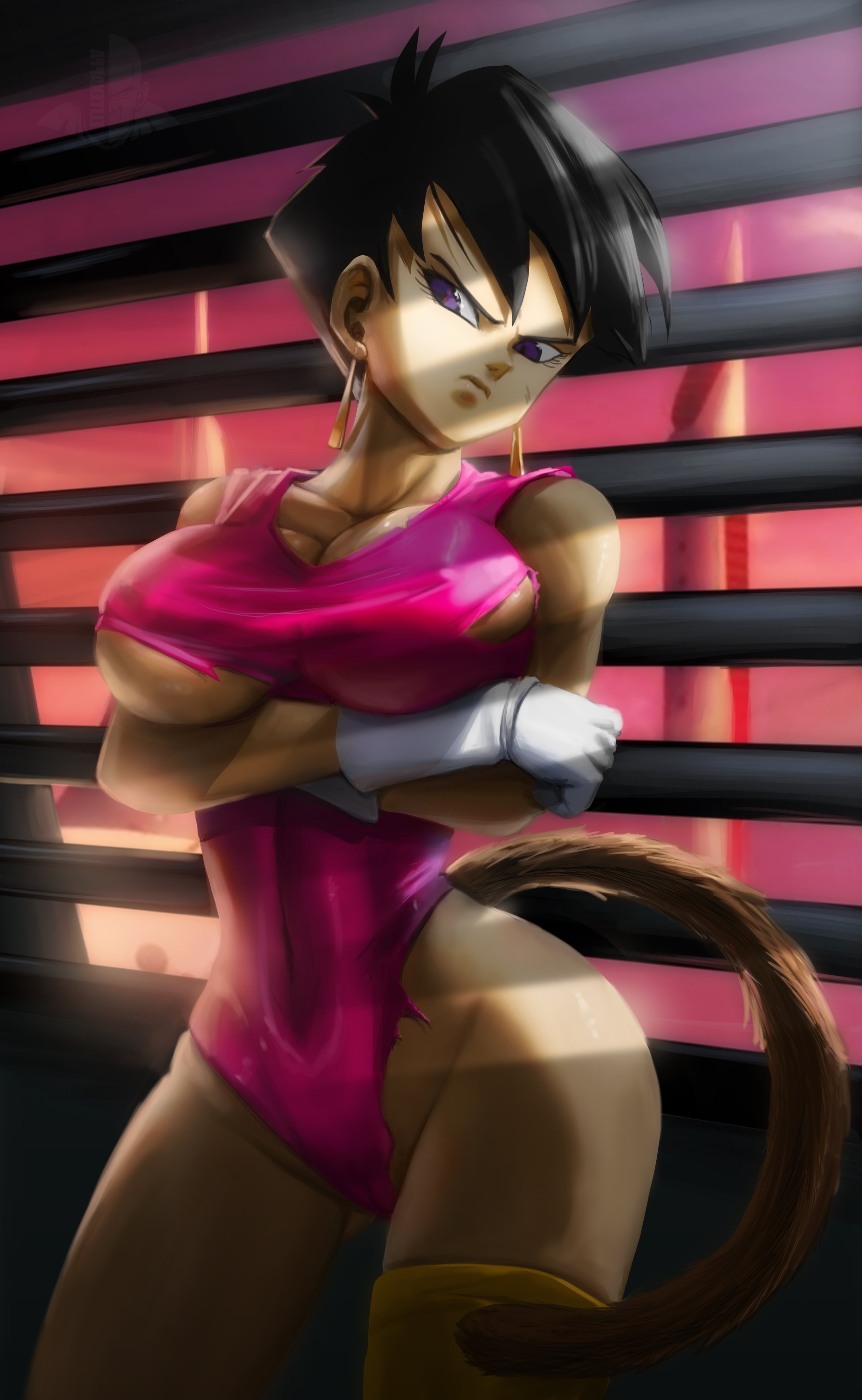 1girls, arms crossed, arms crossed under breasts, big breasts, black hair, breasts, busty, cameltoe, clothing, dragon ball, dragon ball z, ear piercing, earrings, elitenappa, female, female only, female saiyan, indoors, large breasts, leotard, looking at viewer, piercing, purple eyes, pussy, saiyan, seripa, solo, tail, thick thighs, torn clothes, wide hips, window