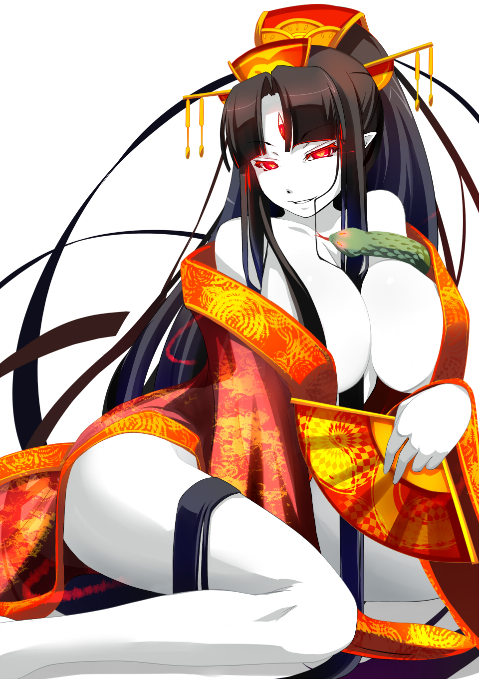 1animal absurdly_long_hair big_breasts black_hair breasts hair_in_mouth hair_ornament kimono long_legs official_art pointy_ears pure_white_devil_(succubus_prison) red_clothes red_clothing red_eyes seducing seductive seductive_eyes seductive_look seductive_mouth seductive_smile shiki_(psychedelic_g2) snake succubus_prison white_skin