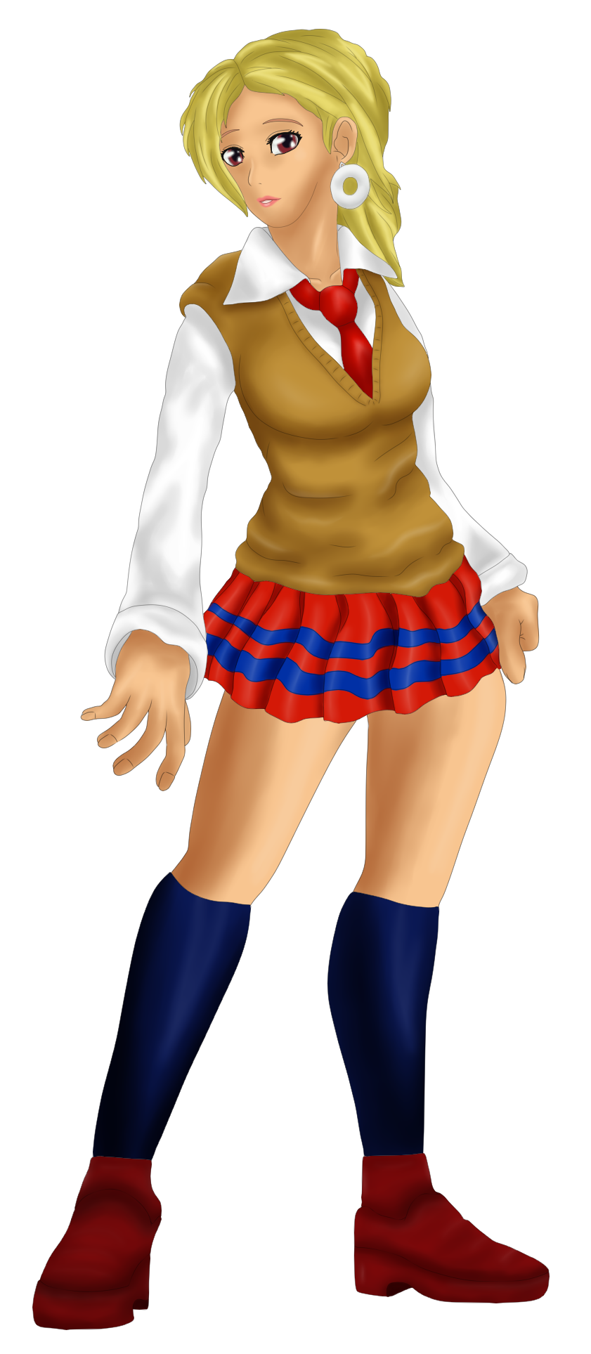 blonde_hair brown_eyes casual earrings female king_of_fighters lips malin red_skirt shoes sleeveless_sweater socks t-shirt tie