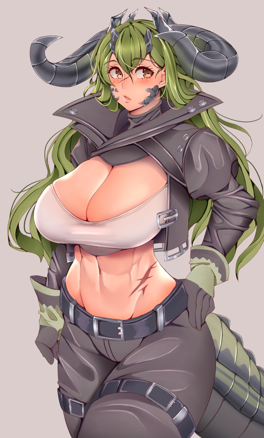 1girls, abs, arknights, big breasts, breasts, cleavage, estelle (arknights), female, green hair, horn, horns, long hair, monster girl, muscular, solo, taiko3000cc, tail