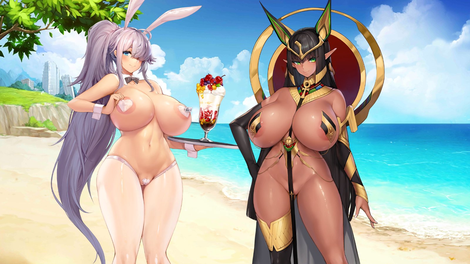 2girls, beach, big breasts, black hair, blue eyes, blunt bangs, breasts, bunny ears, bunny girl, bunnysuit, curvy, dark skin, dark-skinned female, duo, egyptian, female, female focus, female only, game cg, green eyes, huge breasts, large breasts, last origin, light skin, light-skinned female, multiple females, multiple girls, official art, pointy ears, ponytail, reverse bunnysuit, sekhmet of death, silver hair, t-20s gnome, t-20s gnome (bunny girl costume), tagme, voluptuous, wide hips