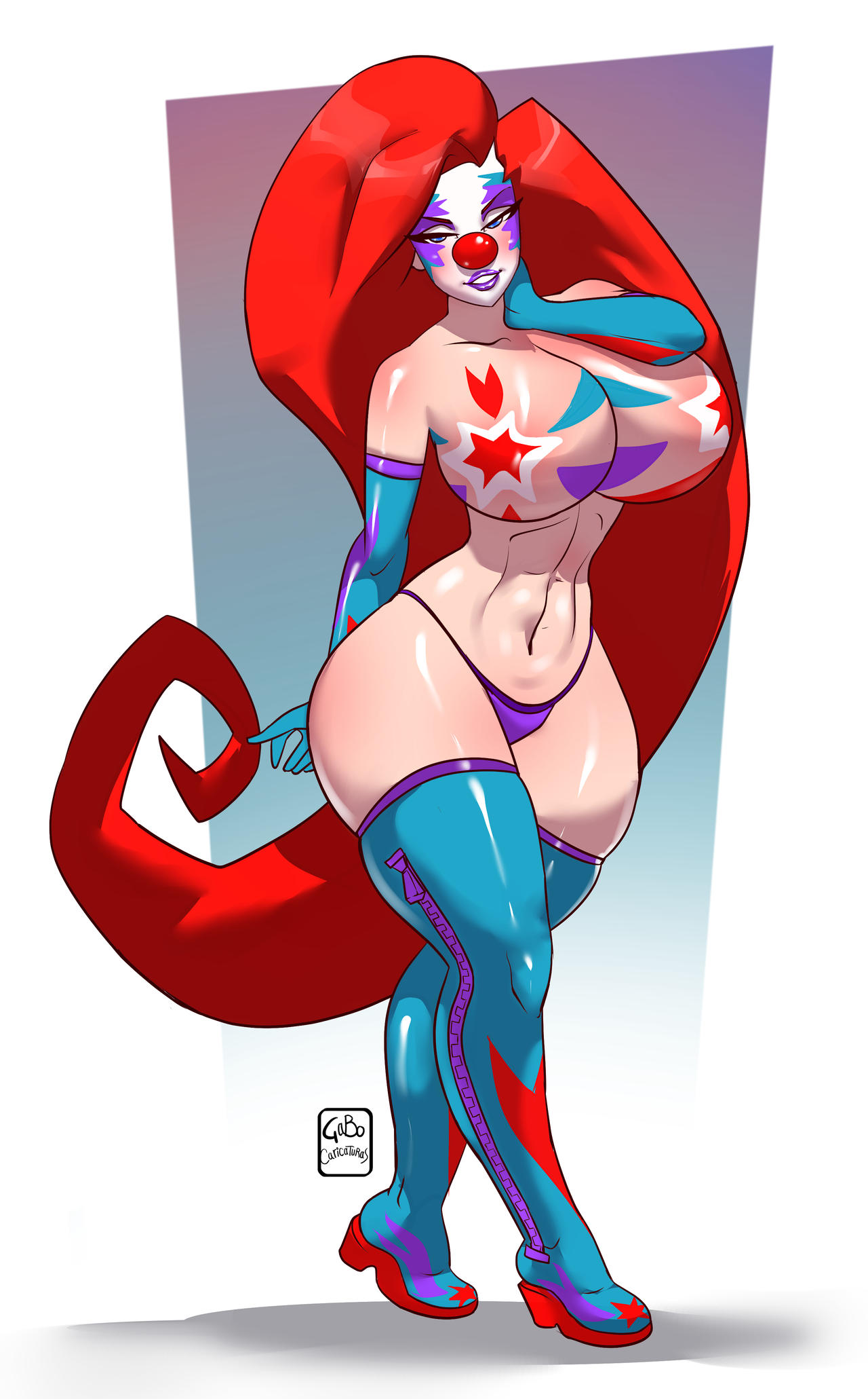 1girls, athletic, athletic female, big breasts, breasts, busty, clown, clown girl, comics, commission, female, gabocaricaturas, gumroad, huge breasts, jester, large breasts, latex, legs, light skin, light-skinned female, lips, long hair, makeup, patreon, pinup, pose, sparkles the clown, thick, thick legs, thick thighs, thigh highs, thighhighs, thighs, very long hair, voluptuous, wide hips
