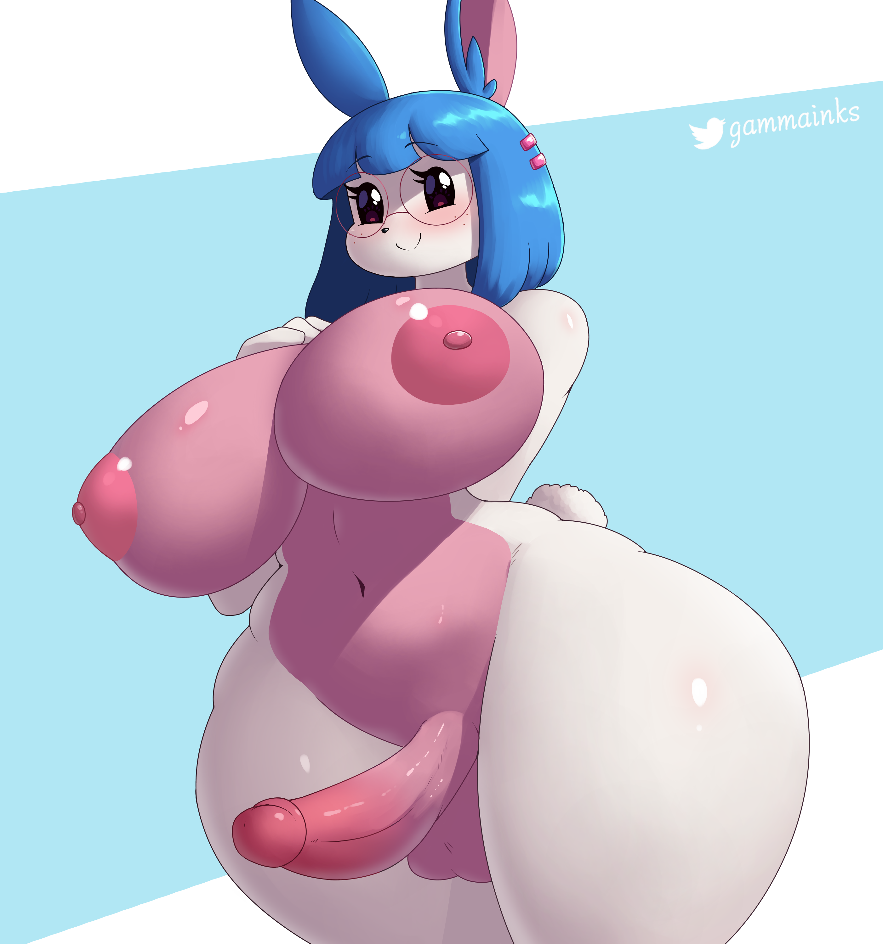 1futa, 2022, absurd res, anthro, balls, big breasts, big penis, blue hair, blush, breasts, callo (rymogrime), curvy, digital media (artwork), erection, eyebrows, eyelashes, eyewear, eyewear only, fingers, futa only, futanari, gammainks, genitals, glasses, glasses only, hair, hi res, huge breasts, huge hips, humanoid penis, intersex, lagomorph, leporid, mammal, navel, nipples, nude, penis, rabbit, simple background, smile, solo, standing, thick thighs, voluptuous, wide hips