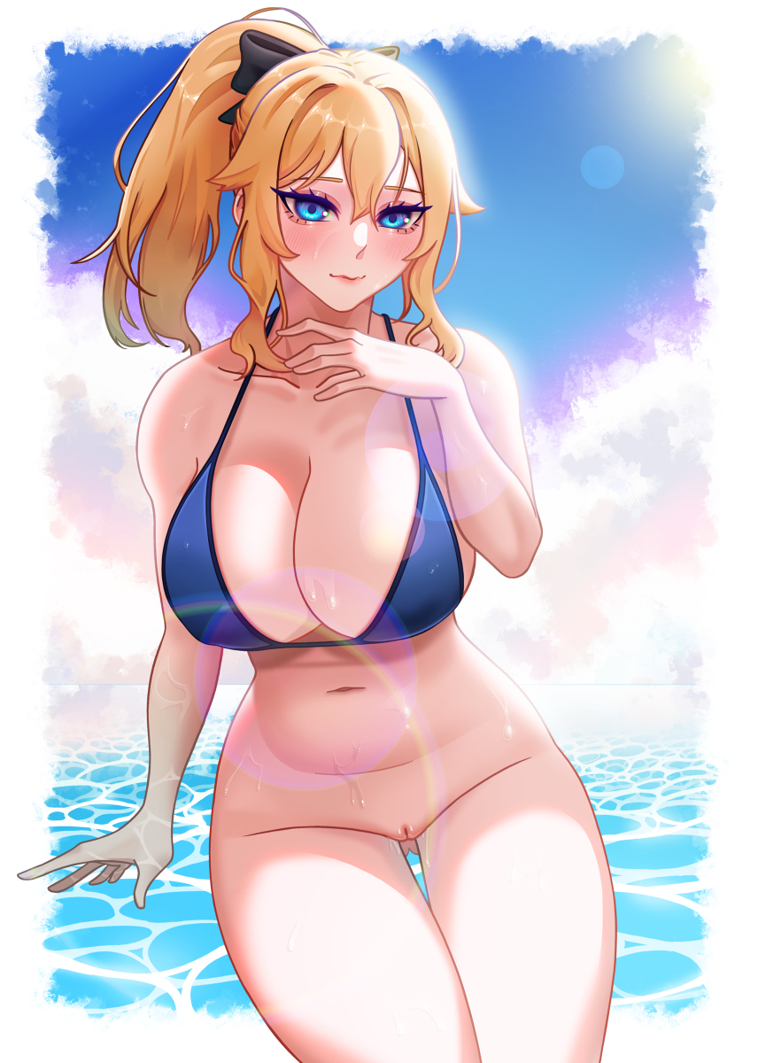 aimless_(artist) bare_legs beach big_breasts bikini blue_sky female_focus genshin_impact jean_gunnhildr naked_from_the_waist_down ocean solo sun wet