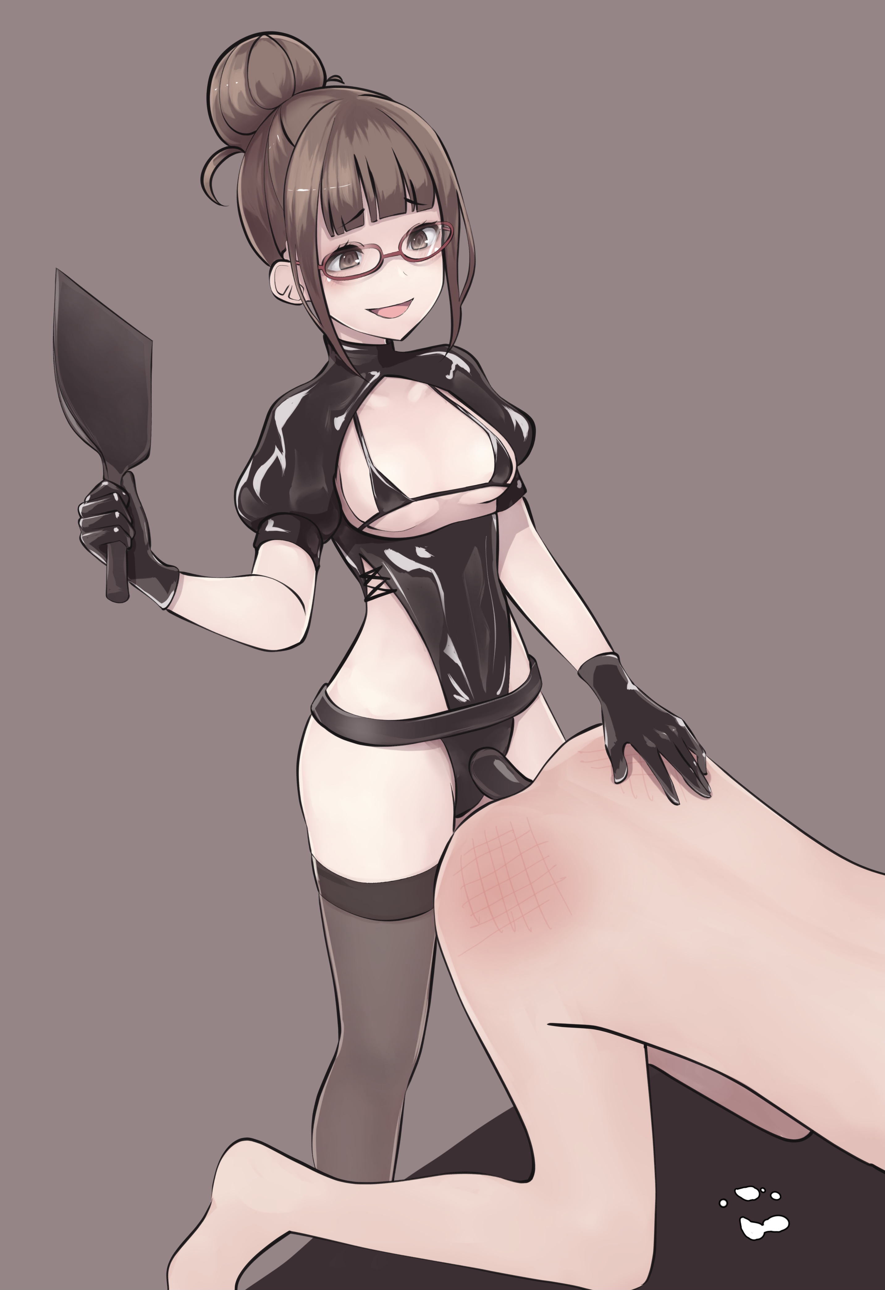 1boy, 1girls, bending over, bent over, bondage, bra, breasts, brown hair, completely naked, completely nude, dominatrix, female, femdom, glasses, kikiu bd, light skin, light-skinned female, light-skinned male, male, malesub, nude, nude male, on all fours, pegging, small breasts, spanking, strap-on, strapon
