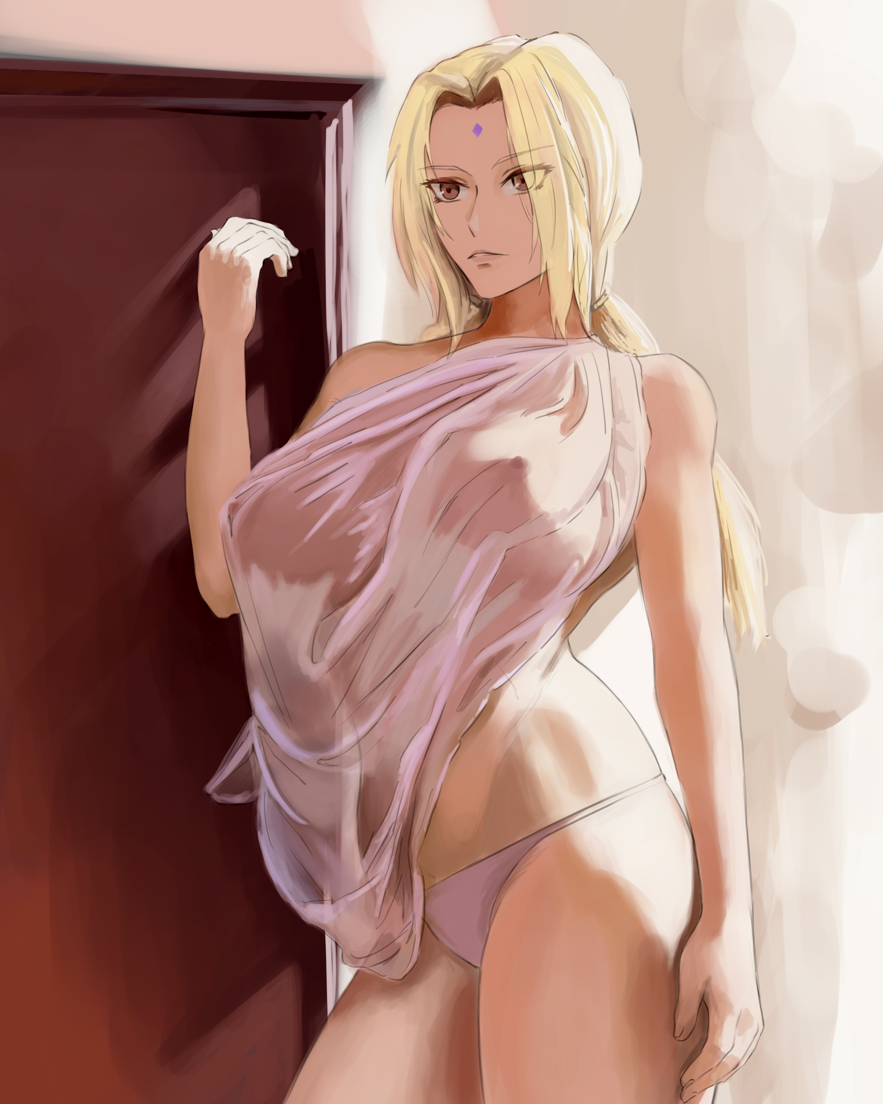 1girls, aad2dd, big breasts, blonde hair, breasts, brown eyes, brown hair, busty, erect nipples, female, female only, long hair, mature, mature female, naruto, naruto (series), naruto shippuden, nipples, nipples visible through clothing, no bra, panties, see-through, see-through clothing, solo, solo focus, tied hair, tsunade, twintails, voluptuous