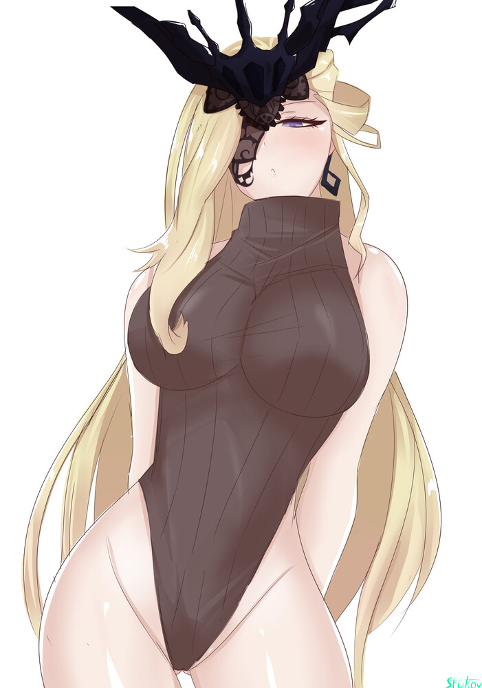 1girls, alternate costume, blonde hair, blue eyes, female, female only, genshin impact, long hair, looking at viewer, mask, signora (genshin impact), solo, stukov, turtleneck, white background