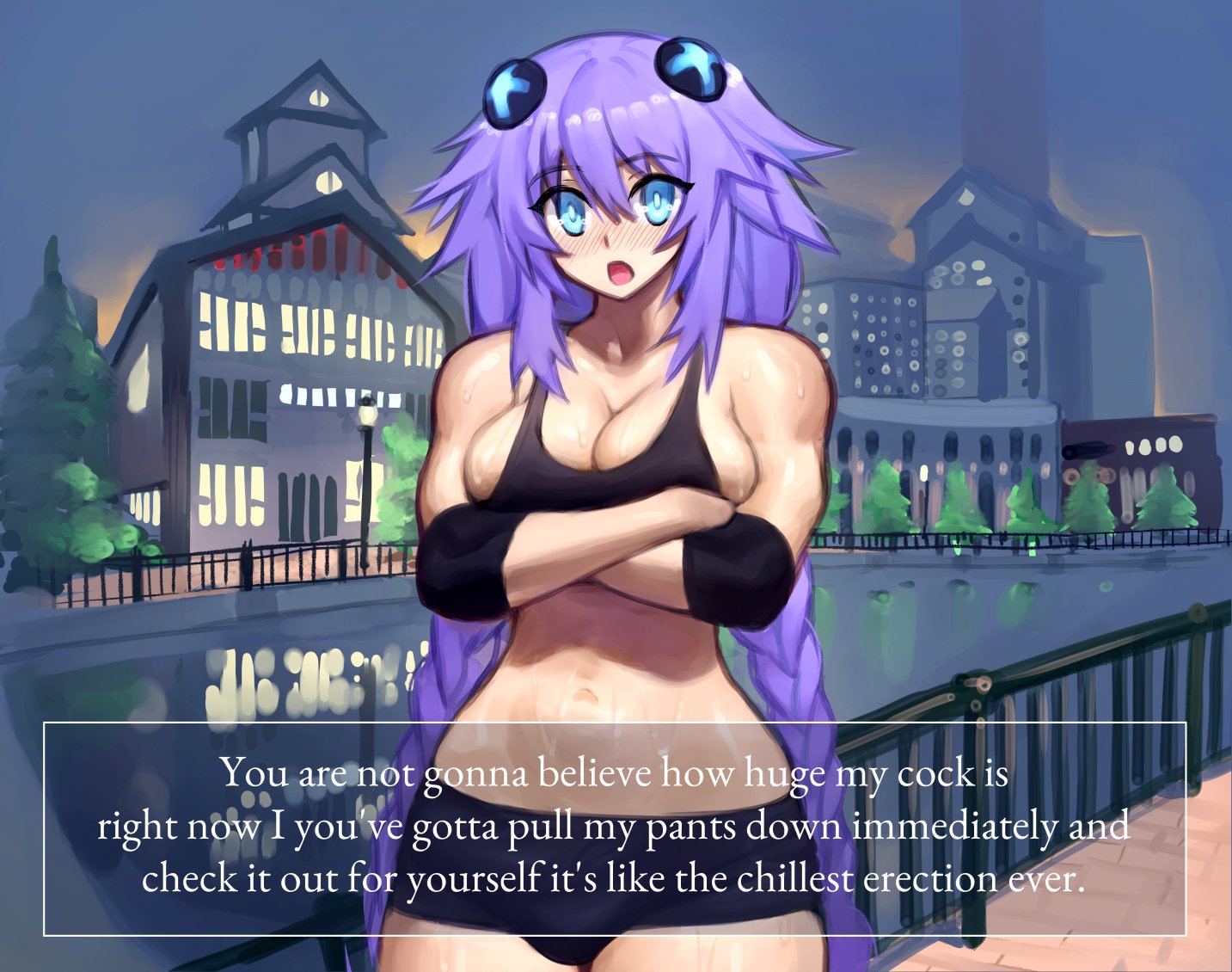 1futa, arms on breasts, big breasts, breasts, bulge, choujigen game neptune, cleavage, clothed, embarrassed, english text, flaccid, fully clothed, futa only, futanari, human, intersex, large breasts, light skin, light-skinned futa, long hair, looking at viewer, mostly nude, necrosmos, neptune (neptunia), neptunia (series), penis, purple hair, purple heart (neptunia), short shorts, shorts, sideboob, solo, standing, talking to viewer, text, twintails