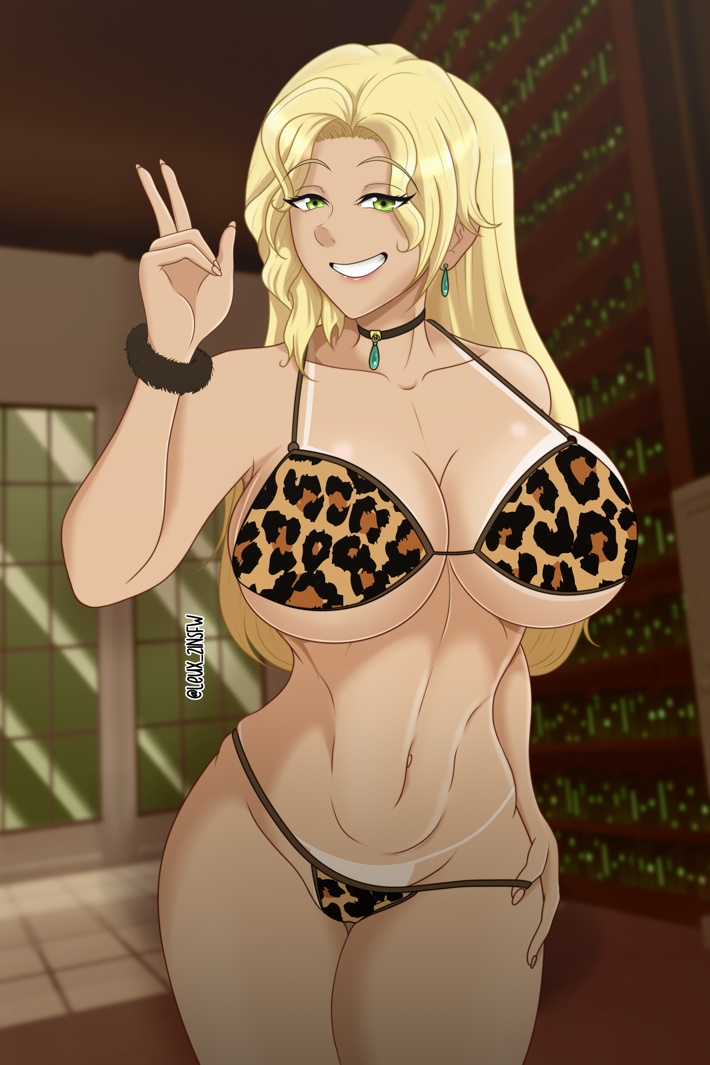 1girls, alternate version available, armwear, big breasts, bikini, bikini bottom, bikini top, blonde hair, breasts, choker, earrings, female, female only, glynda goodwitch, gyaru, hand on hip, huge breasts, large breasts, leopard print, leopard print bikini, leux 21, long hair, mature, mature female, neckwear, no eyewear, peace sign, rwby, smile, solo, solo female, swimsuit, swimwear, tan body, tanline, tanlines, thick thighs, thighs