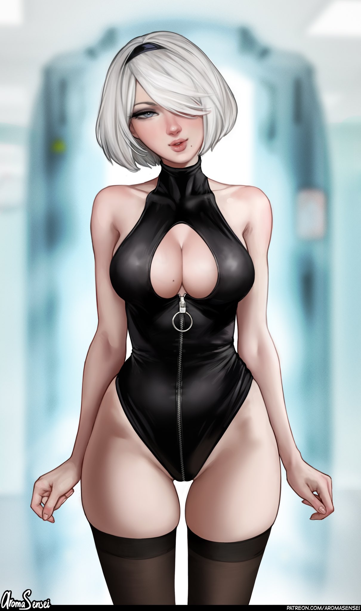 1girls, alternate version available, android, android girl, aroma sensei, bare shoulders, black leotard, black thighhighs, blue eyes, breasts, cleavage, cleavage cutout, clothing cutout, curvy, female, female focus, female only, fully clothed, hair over one eye, hairband, halterneck, highleg, highleg leotard, highres, large breasts, leotard, lips, looking at viewer, mole, mole under mouth, nier, nier (series), nier: automata, no text version, one eye covered, revealing clothes, skindentation, sleeveless, textless, thick lips, thick thighs, thighhighs, thighs, white eyes, white hair, yorha 2b, zipper, zipper pull tab