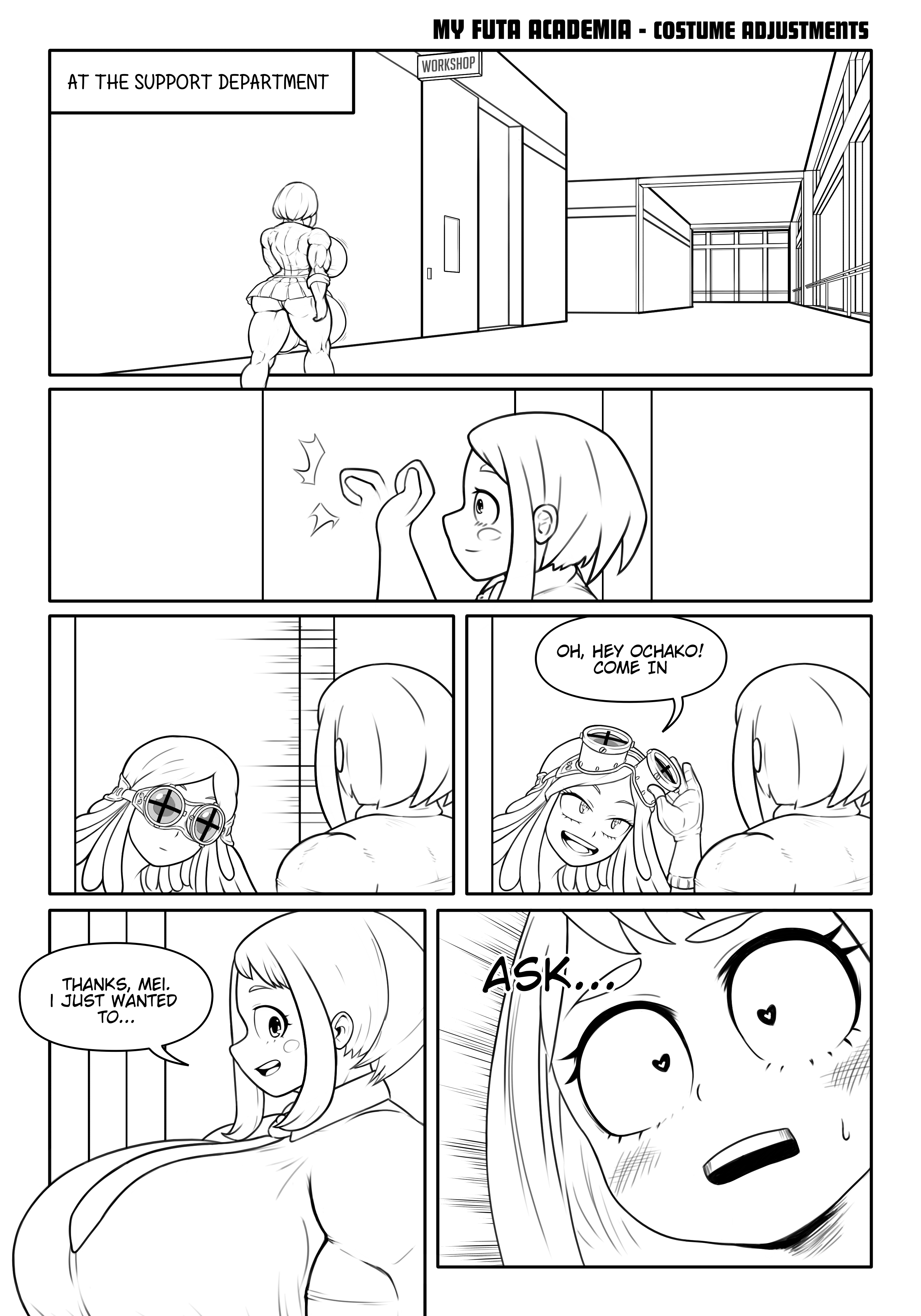 1futa, 1girls, balls, bananarama (artist), breasts, clothed, clothing, comic, dialogue, english text, female, futanari, huge balls, huge breasts, human, intersex, monochrome, mostly clothed, muscular, muscular futa, my hero academia, penis, school uniform, text