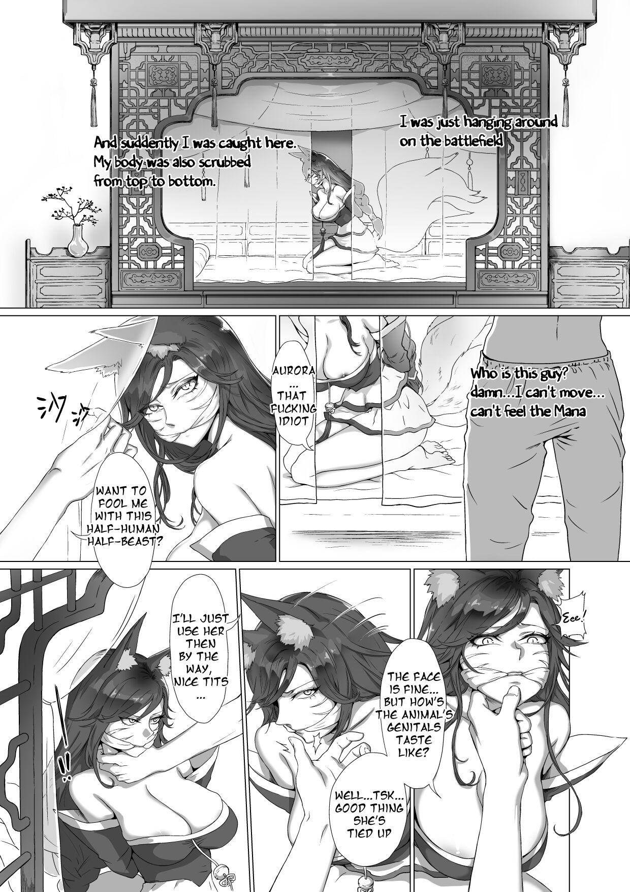 ahri, animal ear fluff, animal ears, animal girl, black hair, clothing, comic, doggie-yu, english text, eyelashes, eyeliner, eyeshadow, facial markings, female, female penetrated, fluffy, fluffy ears, fluffy tail, fluffy tails, fox, fox ears, fox girl, fox tail, furry tail, human on humanoid, human penetrating, human penetrating humanoid, humanoid, humanoid penetrated, inner ear fluff, kemonomimi, kitsune, league of legends, light skin, light-skinned female, long hair, male, male on female, male penetrating, male penetrating female, monochrome, multi tail, naked, nine tailed fox, nude, nude female, pale skin, pale-skinned female, penetration, penis, penis in pussy, penis in vagina, pussy, rape, riot games, sex, tail, text, vastaya, video games, yellow eyes