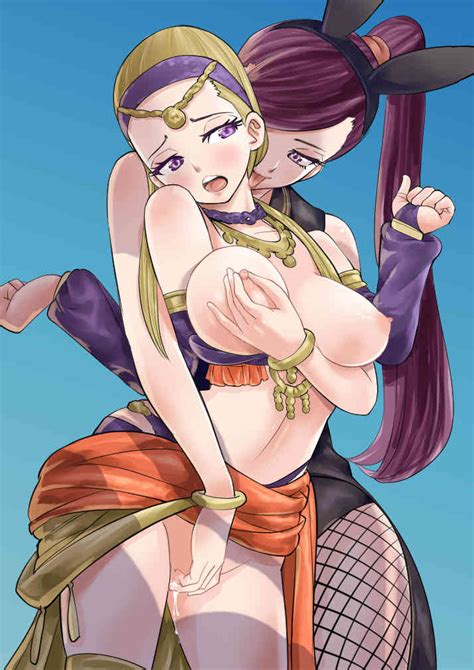 2022, 2girls, big breasts, blonde hair, breasts, bunny ears, bunny girl, bunnysuit, clothing, dragon quest, dragon quest xi, female, fingering, fishnets, gold jewelry, jade (dq11), jewelry, large breasts, licking, long hair, machida-san, multiple females, multiple girls, nipple pinch, nipples, purple eyes, purple hair, serena (dq11), yuri