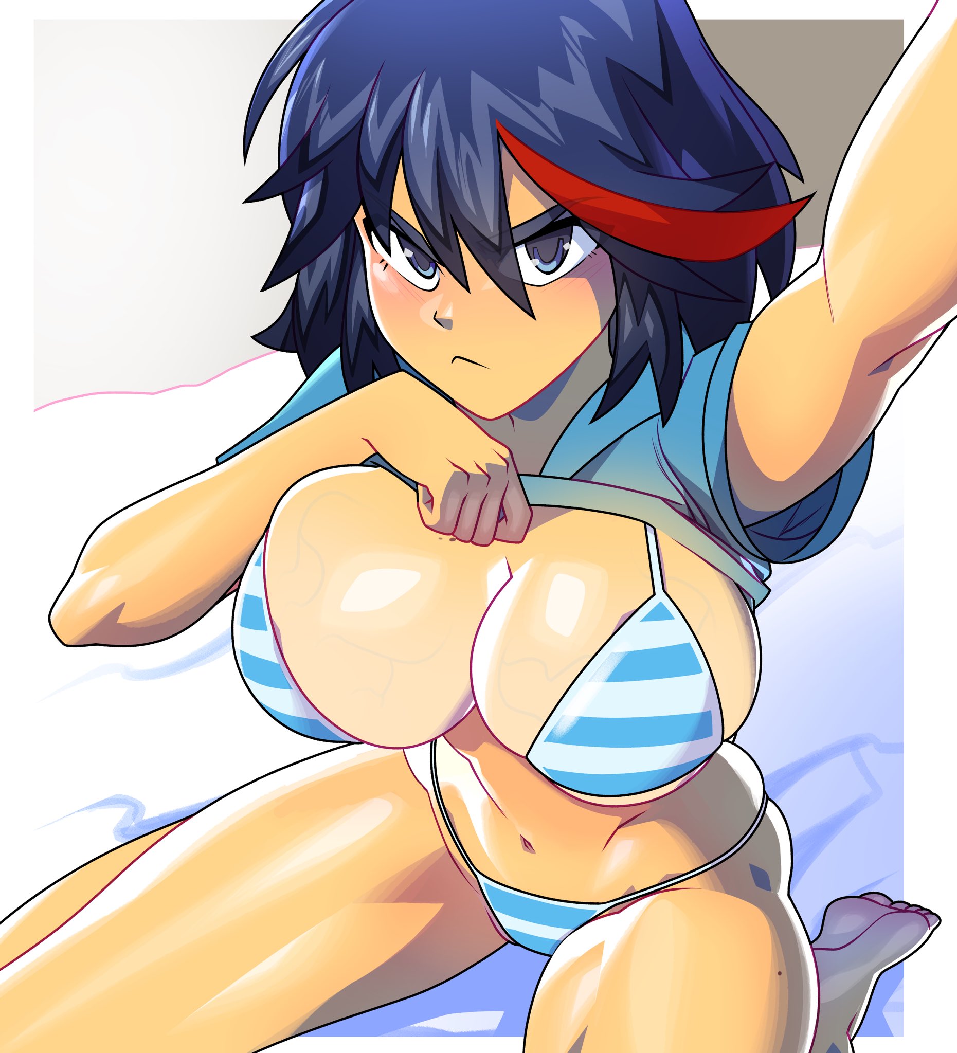 1girls, angry, bed, bikini, black hair, blue eyes, breasts, cleavage, female, female focus, female only, frown, huge breasts, kill la kill, looking at viewer, matoi ryuuko, minicop2001, pov, shimapan, shirt lift, solo, solo female, solo focus, striped bikini, thick thighs, thighs, tomboy, two-tone hair, veiny breasts