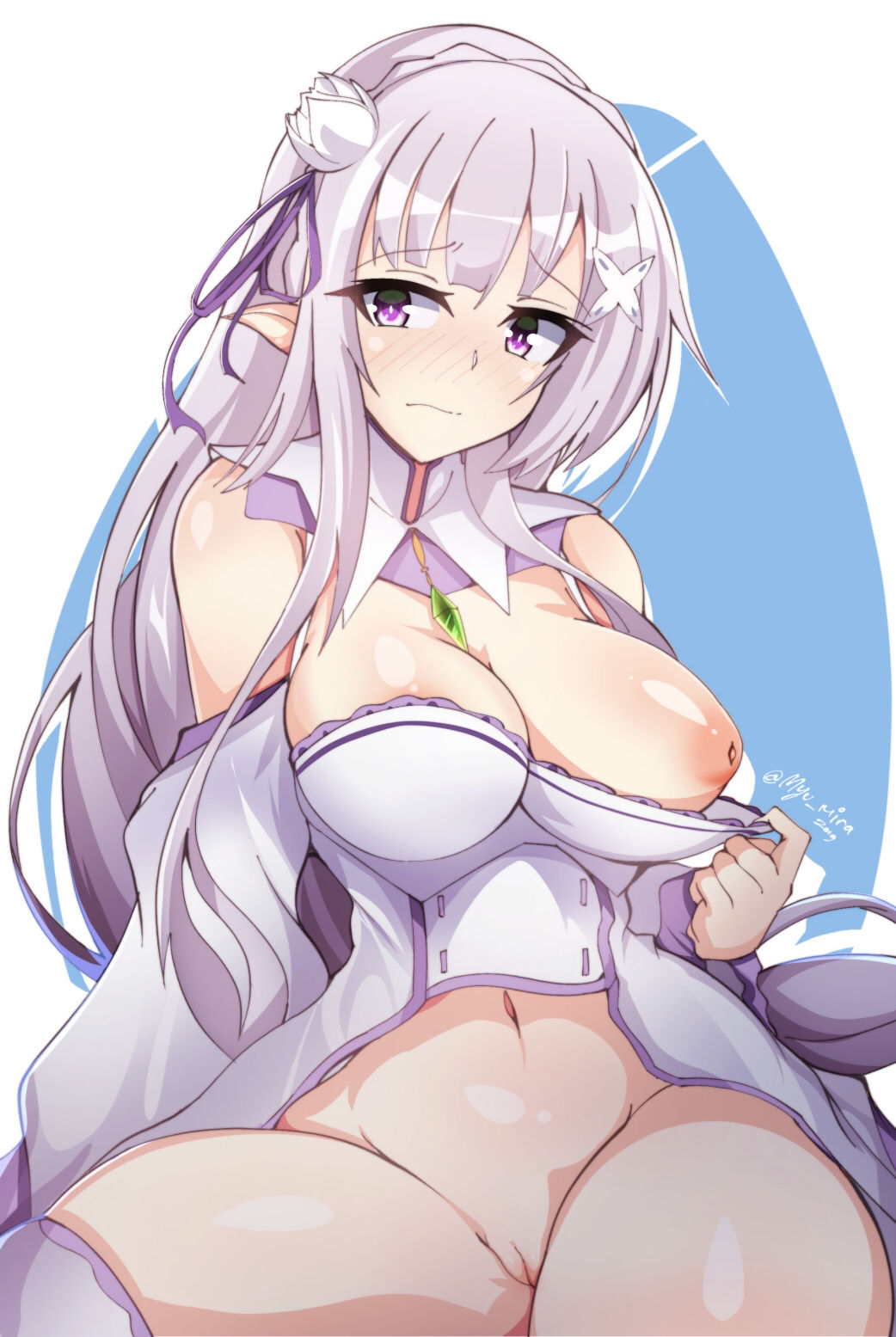 1girls 2019 areolae bangs bare_belly bare_pussy bare_shoulders bare_thighs belly belly_button big_breasts blush_lines braid breasts closed_mouth crown_braid elf elf_ears embarrassed emilia_(re:zero) female female_focus female_only green_jewel hair_flower hair_ornament half-elf half_clothed half_dressed half_elf half_naked huge_breasts inverted_nipples large_breasts light-skinned_female light_blush light_skin long_hair long_sleeves looking_away myumi navel neck_jewelry neckwear nipple one_breast_out one_breast_out_of_clothes open_clothes open_eyes pointy_ears pulling_clothing purple_eyes pussy re:zero_kara_hajimeru_isekai_seikatsu shiny_skin showing showing_breasts showing_nipple showing_pussy shy silver_hair solo solo_female solo_focus thick thick_thighs vagina white_clothing white_flower white_hair white_legwear white_thighhighs worried_expression