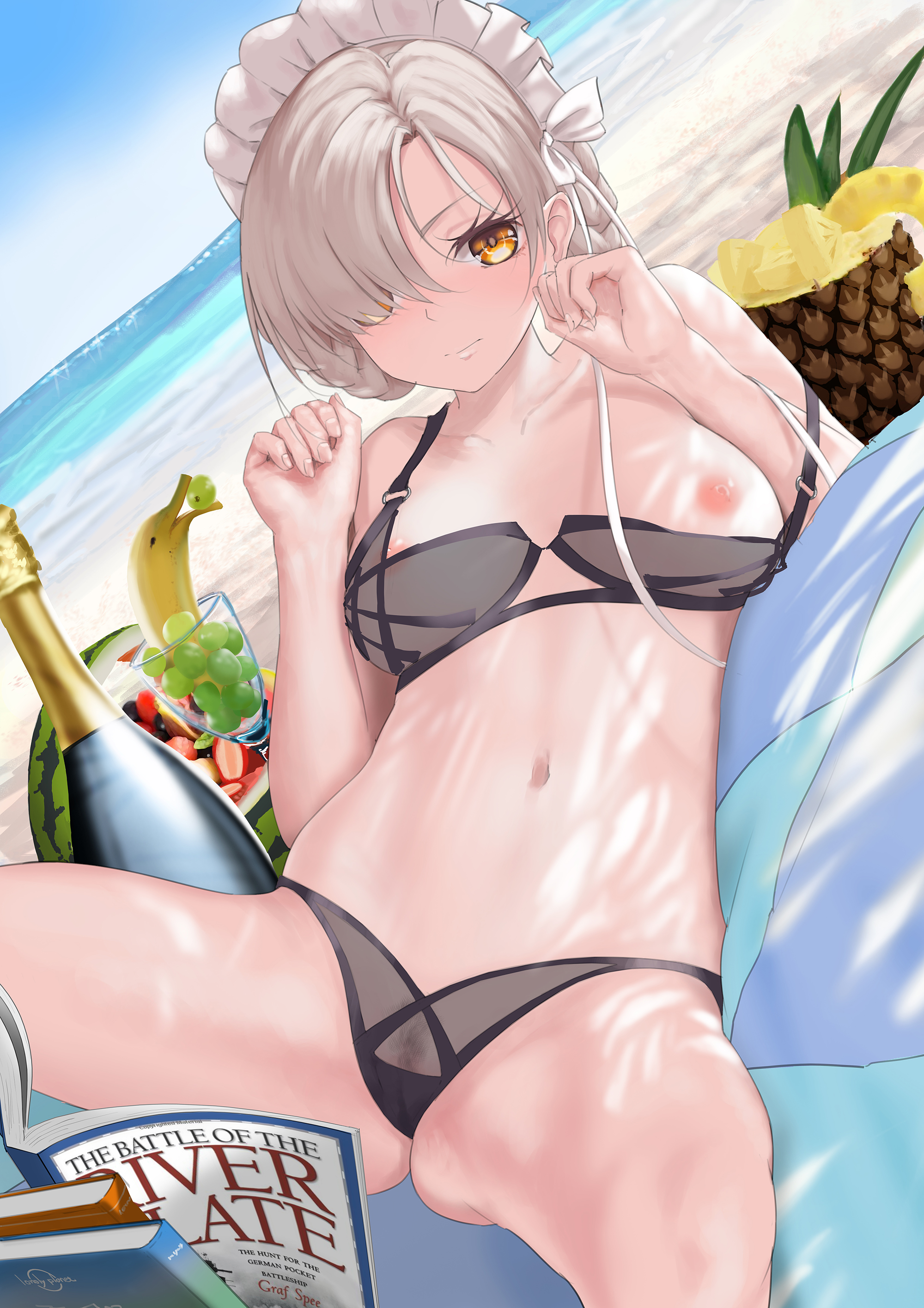 1girls, absurdres, azur lane, banana, bangs, beach, beach towel, bikini, braid, braided bun, breasts, champagne bottle, closed mouth, collarbone, day, english text, female, female pubic hair, food, fruit, grapes, grey hair, hair bun, hair over one eye, highres, looking at viewer, lying, maid headdress, medium breasts, navel, nipples, ocean, on back, pineapple, pubic hair, reading, sand, see-through swimsuit, sheffield (azur lane), short hair, solo, spread legs, stomach, strap slip, strawberry, sunlight, swept bangs, swimsuit, thighs, towel, user aksk7337, wardrobe malfunction, water, watermelon, yellow eyes