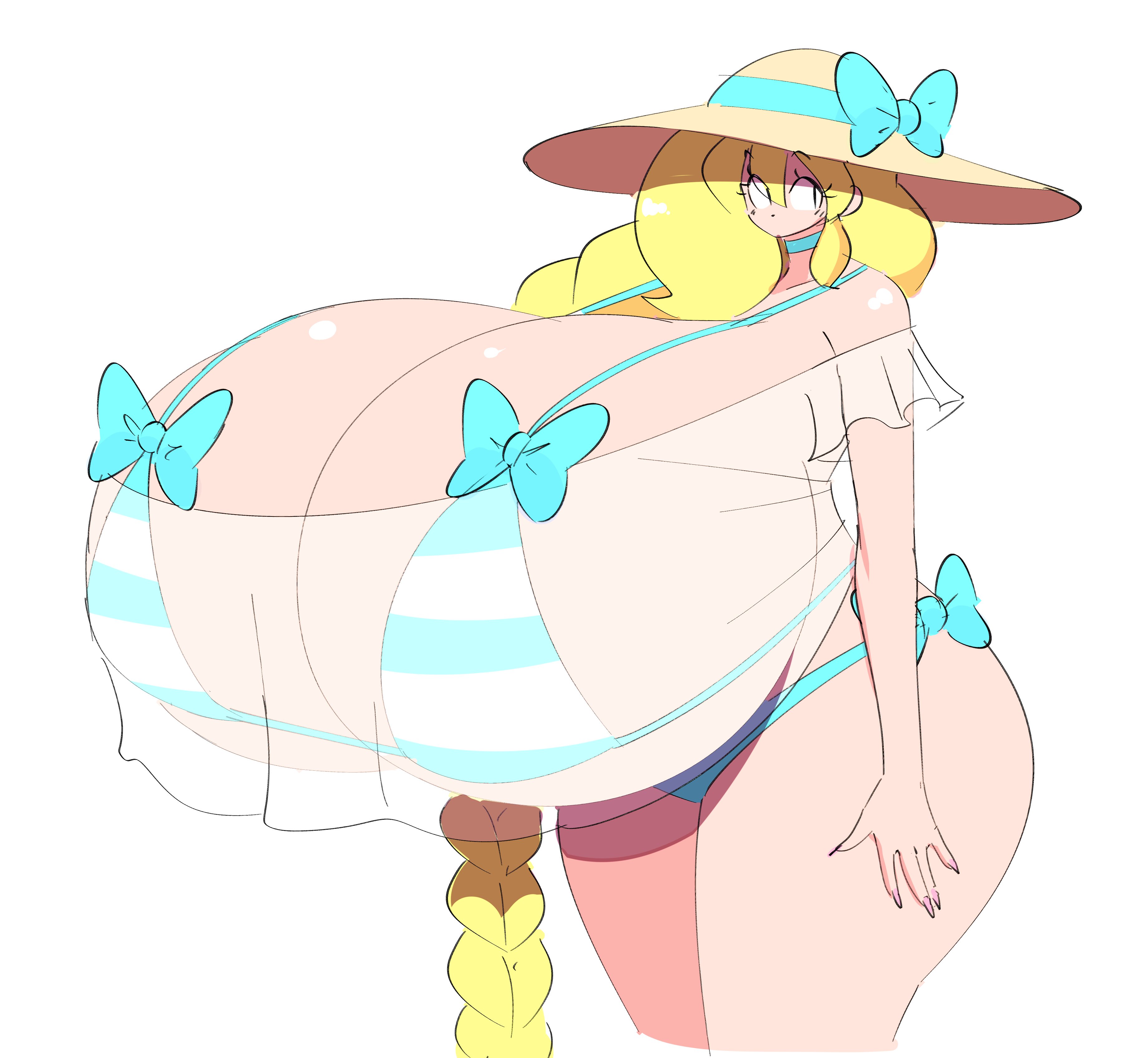 1girls, 2022, bikini, blonde hair, braided hair, braided ponytail, breasts, cassie (theycallhimcake), female, female focus, huge breasts, hyper, hyper breasts, long hair, massive breasts, solo, solo female, solo focus, sun hat, swimsuit, theycallhimcake, top heavy