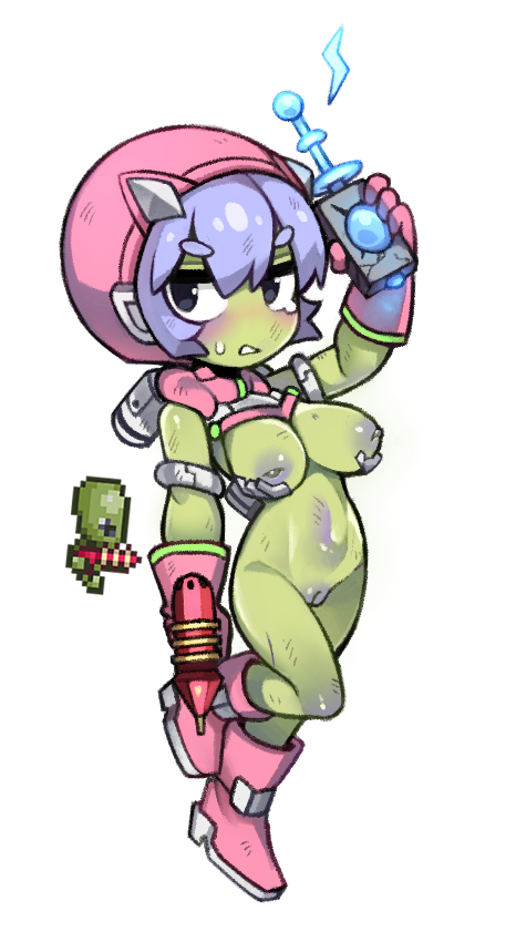 alien arm_up bangs black_eyes boots breasts character_request colored_nipples colored_skin creature_and_personification energy_gun female full_body gloves green_skin gun hair_between_eyes holding holding_gun holding_weapon inverted_nipples knee_boots large_breasts leg_up navel nipples no_nose nyong_nyong personification pink_footwear pink_gloves purple_hair purple_nipples purple_pussy pussy ray_gun reference_inset short_hair simple_background solo terraria uncensored weapon white_background