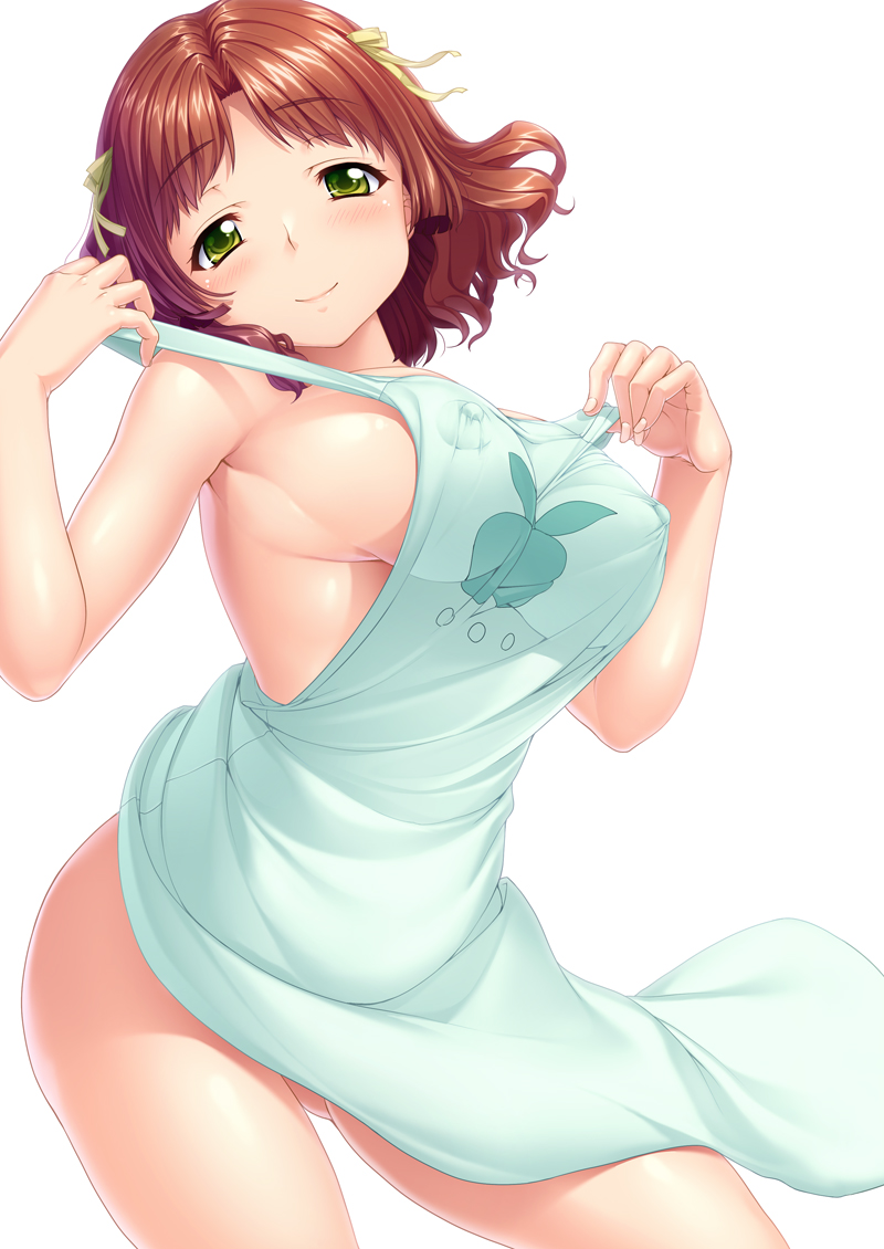 ano_natsu_de_matteru apron breasts brown_hair commentary_request covered_nipples female green_eyes hair_ribbon kirin_kakeru kitahara_mio large_breasts naked_apron photoshop_(medium) ribbon short_hair simple_background smile solo white_background