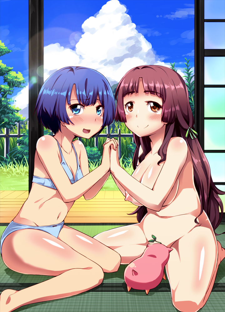 2girls ano_natsu_de_matteru blue_eyes blue_hair blush bon_(moegomi) bra breasts cloud commentary_request covering covering_crotch kitahara_mio large_breasts long_hair long_legs multiple_girls navel nipples nude nudist open_mouth own_hands_clasped own_hands_together panties photoshop_(medium) red_hair short_hair sky small_breasts smile tanigawa_kanna underwear underwear_only