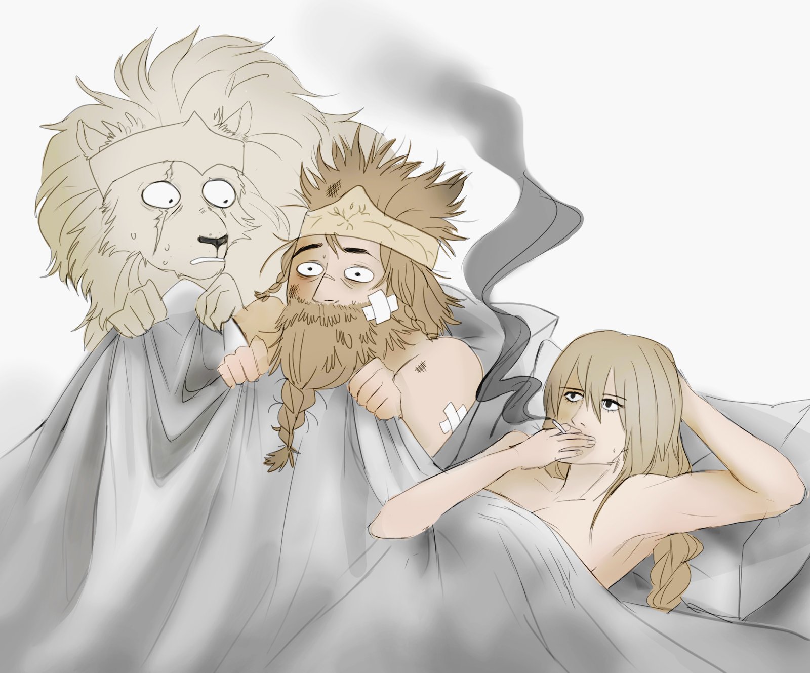 1girls, 2boys, after sex, armpits, beast regent serosh, big breasts, blonde hair, breasts, canon couple, casual, cleavage, elden ring, female, fromsoftware, godfrey first elden lord, husband and wife, light skin, light-skinned female, male, queen marika the eternal, raviolliess, smoking