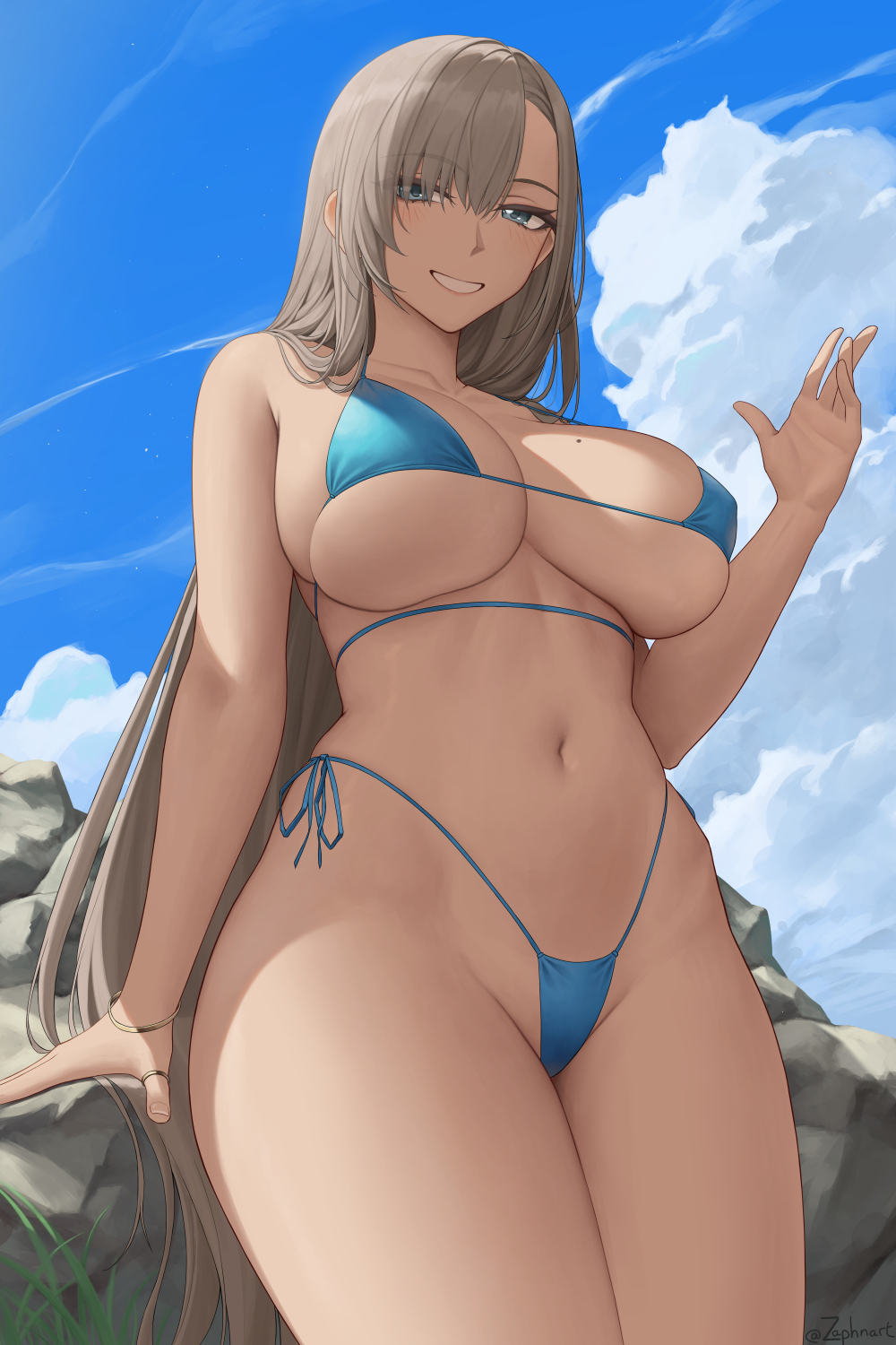 1girls 2022 artist_signature asuna_(blue_archive) beach bikini blonde_hair blue_archive blue_bikini blue_eyes breasts cleaning_&_clearing_(blue_archive) female female_only hair_over_one_eye hips huge_breasts long_hair looking_at_viewer millennium_science_school_student outdoors side_tie_bikini slim_waist smile thick_thighs thighs wide_hips zaphn