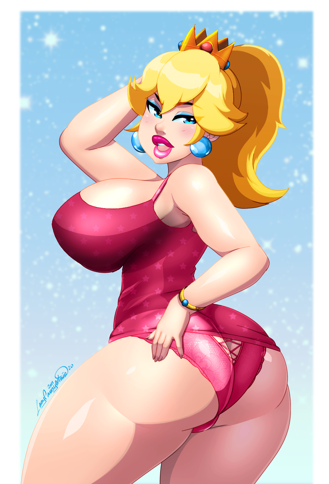 1girls, alternate ass size, alternate breast size, armpits, ass, big ass, big breasts, big lips, blonde hair, blue eyes, blue eyeshadow, bottomwear, breasts, cute, cute face, earrings, eyeshadow, female, female only, hips, huge ass, huge breasts, ladycandy2011, lips, lipstick, mario (series), nintendo, panties, pink lips, pink lipstick, ponytail, princess peach, sideboob, solo, solo female, thick lips, thick thighs, thighs, topwear, wide hips