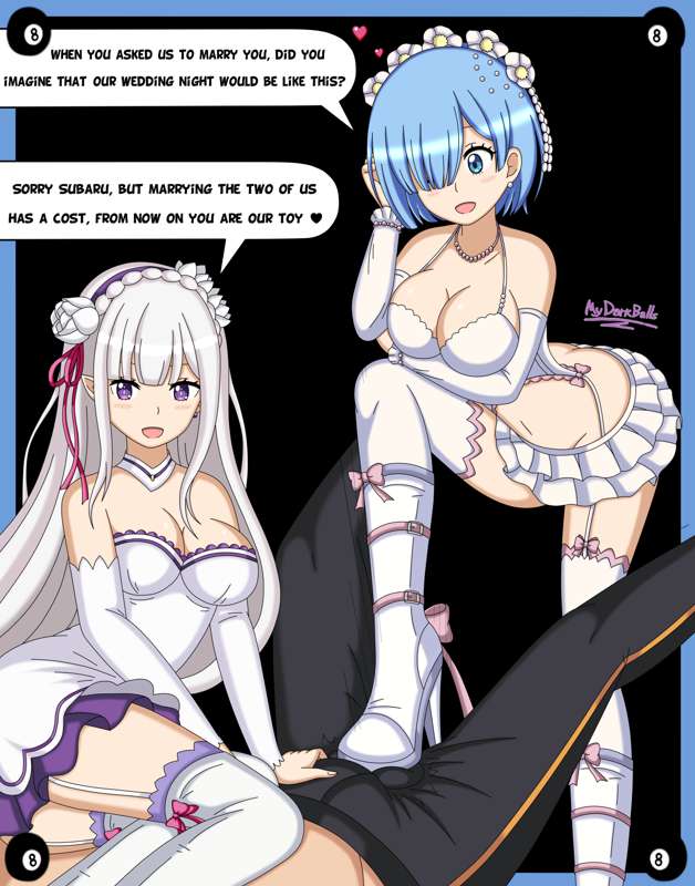 1boy 2girls 2girls1boy armwear balls_touching bangs bare_belly bare_shoulders bare_stomach bare_thighs belly_button big_breasts black_text blue_eyes blue_hair braid breasts cbt clothed clothed_female cock_and_ball_torture covered_breasts crown_braid dominant_female dominated domination dress dressed elf elf_ears elf_female elf_girl emilia_(re:zero) english_text erect_penis erection erection_under_clothes feet_on_balls female female_dominating_male female_domination female_on_male femdom fetish ffm_threesome flower_hair_ornament grabbing_balls grabbing_erection hair_flower hair_ornament hair_over_one_eye half-elf half_elf hearts_around_head heels_fetish high_heels large_breasts light-skinned_female light-skinned_male light_blush long_hair looking_at_balls looking_at_partner male male_dominated miniskirt mydarkballs natsuki_subaru navel necklace on_floor open_mouth pain painful pale-skinned_female pants_only pearl_necklace pointy_ears purple_eyes re:zero_kara_hajimeru_isekai_seikatsu rem_(re:zero) ribbon silver_hair sitting_on_chest sitting_on_person speech_bubble stepping_on_balls stepping_on_male stepping_on_penis stomach text text_bubble threesome torture white_armwear white_clothing white_dress white_flower white_hair white_legwear white_skirt wide_hips