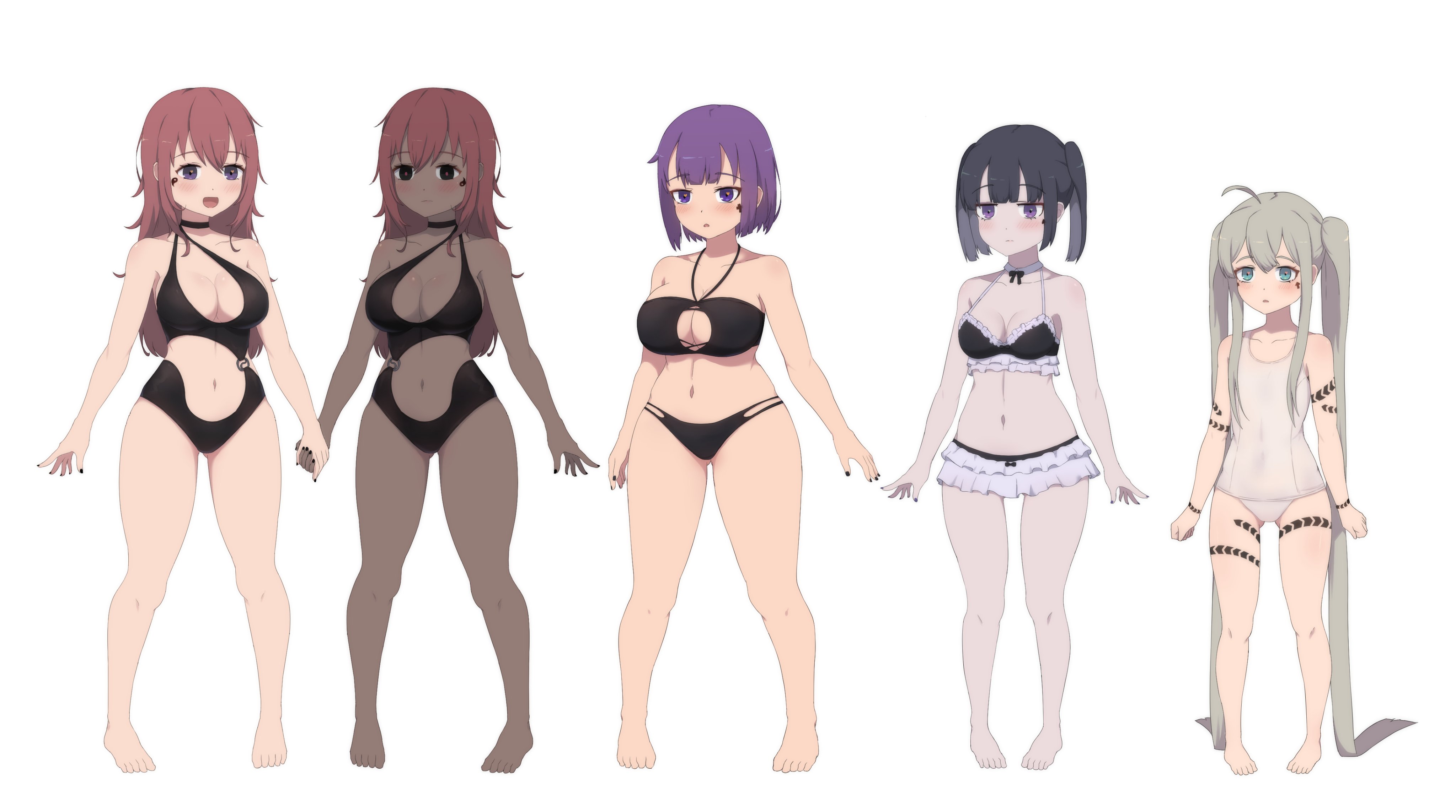 black hair, intoh (kamuo), kamuo, lafi (kamuo), original characters, purple hair, rafi (kamuo), red hair, susui (arent grim reapers supposed to be scary), susui (kamuo), swimsuits, tagme, twins, vel (kamuo), white hair
