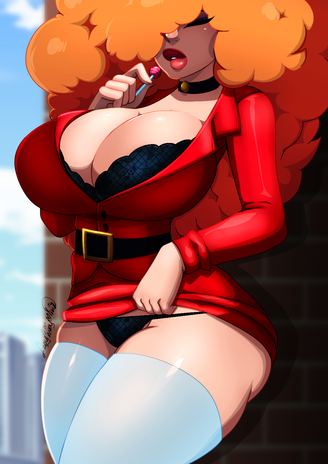 1girls, afro, alternate version available, ass, belt, big ass, big breasts, big lips, bimbo, bimbo lips, breasts, cartoon network, choker, cleavage, closed eyes, female, female only, hair, hair over one eye, huge breasts, lace, lace-trimmed bra, ladycandy2011, large breasts, lollipop, mature, mature female, milf, office lady, orange hair, panties, powerpuff girls, red lips, red lipstick, sara bellum, skirt lift, solo, solo female, thick lips, thick thighs, thighhighs, thighs, white thighhighs