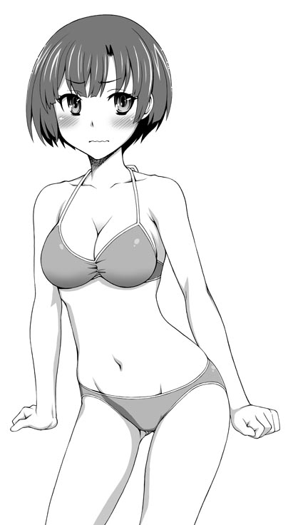 ano_natsu_de_matteru arms_at_sides bikini blush bob_cut breasts cleavage clenched_hands commentary_request female greyscale medium_breasts monochrome navel photoshop_(medium) short_hair simple_background solo swimsuit tanigawa_kanna unagimaru wavy_mouth white_background wrists_extended