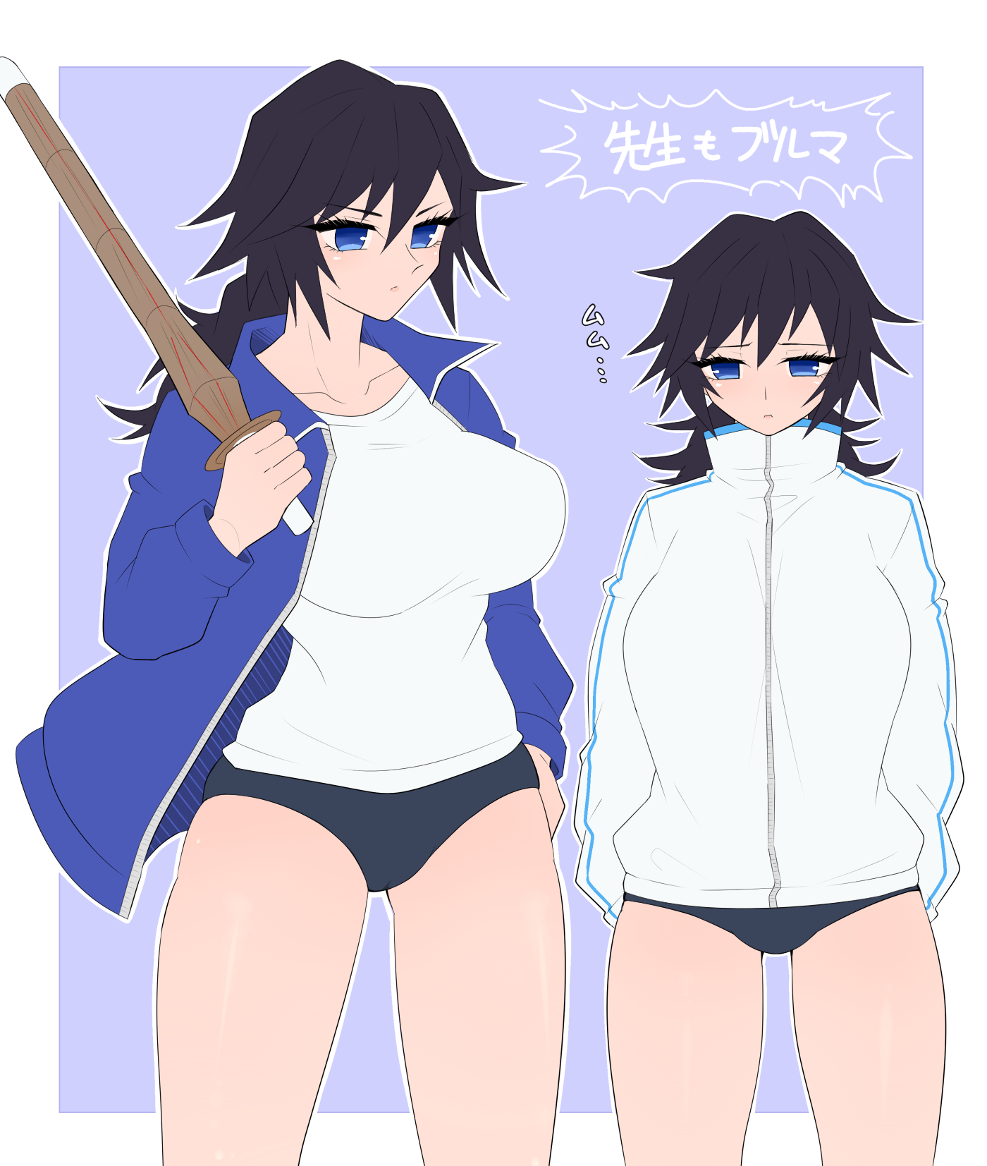 big breasts, black hair, blue eyes, breasts, buruma, coach, demon slayer, female, female only, genderswap, genderswap (mtf), gym uniform, kimetsu no yaiba, open jacket, ponytail, rule 63, solo, spiky hair, sportswear, takenameko, tomioka giyuu, track jacket