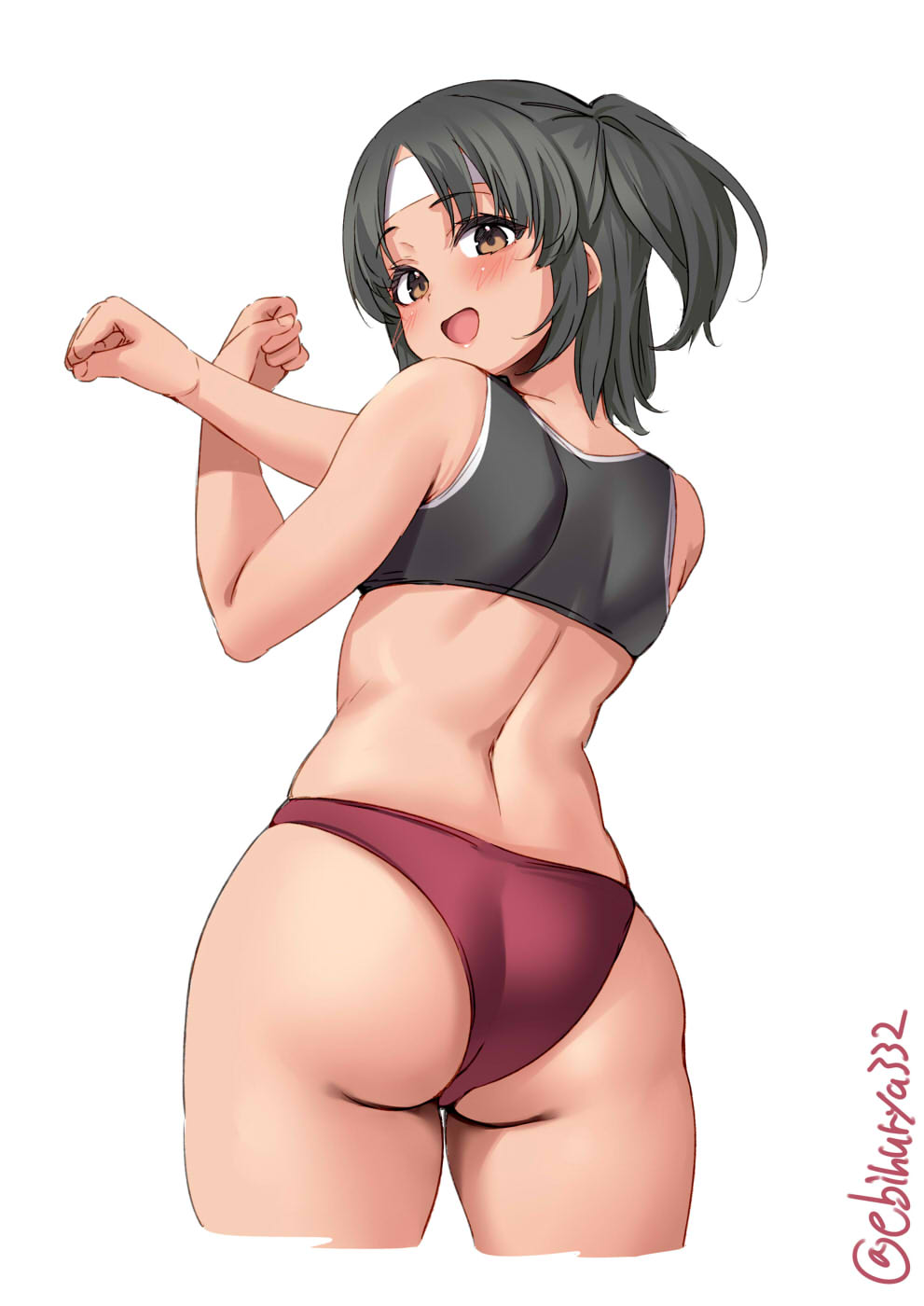 1girls, alternate costume, ass, back, black bra, black hair, blush, bra, brown eyes, buruma, cowboy shot, crossed arms, dark grey hair, ebifurya, exercise, female, hair between eyes, hairband, headband, highres, kantai collection, looking at viewer, looking back, nagara (kantai collection), one side up, one-hour drawing challenge, open mouth, panties, red buruma, short hair, side ponytail, simple background, solo, sports bra, sportswear, stretching, twitter username, underwear, white background
