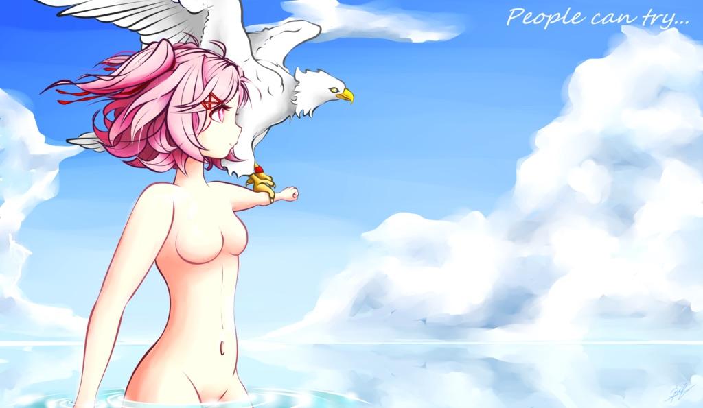 1girls bird bolivia doki_doki_literature_club eagle looking_forward naked natsuki_(doki_doki_literature_club) no_clothes no_nipples nude nudist pink_eyes pink_hair sky solo solo_female text water white_text