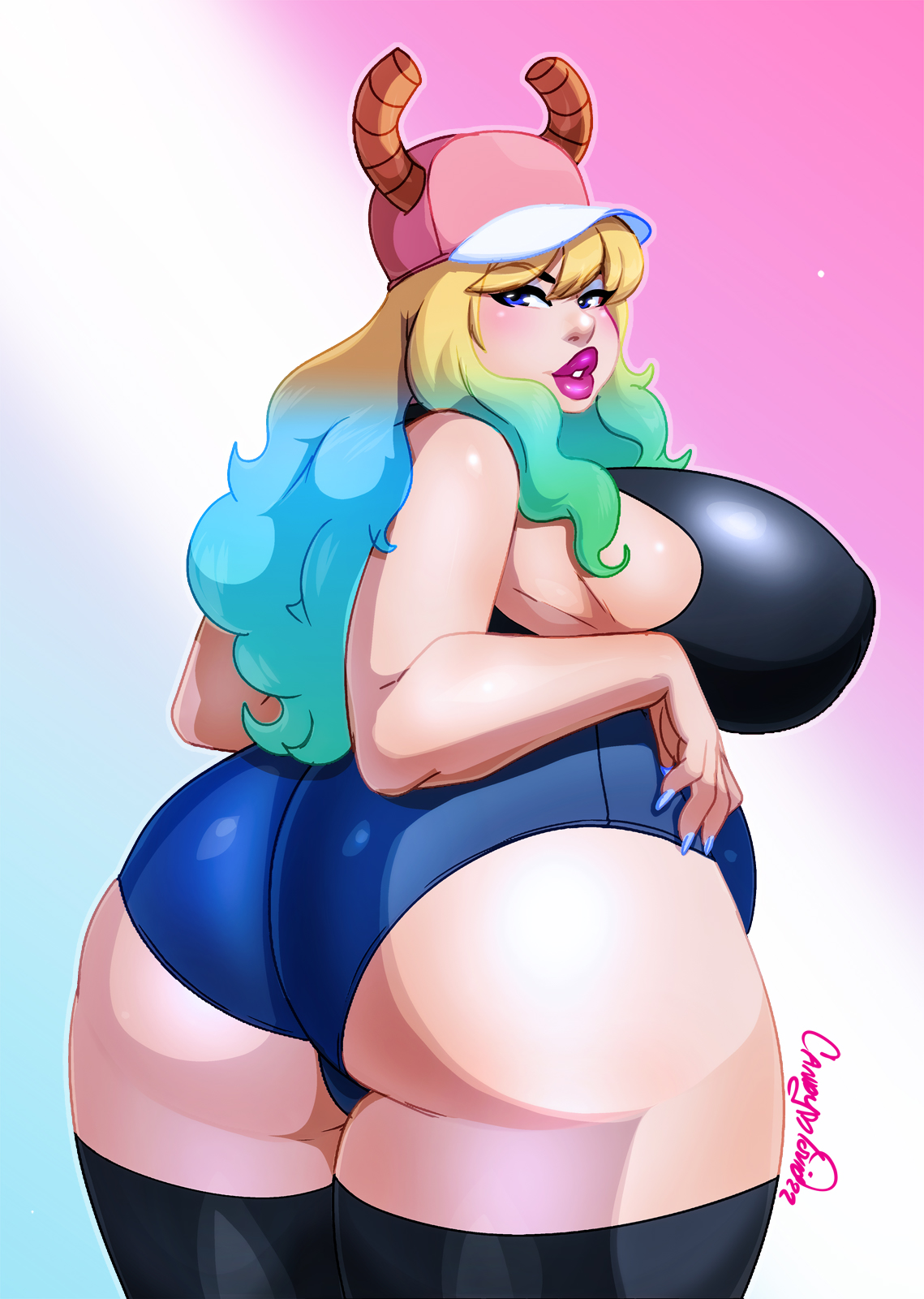 1girls, ass, baseball cap, big ass, big breasts, big lips, black thighhighs, blue eyes, blue nail polish, blue nails, breasts, female, female only, hair, hat, headwear, horns, huge ass, huge breasts, ladycandy2011, large breasts, lips, lipstick, long hair, mature, mature female, milf, miss kobayashi's dragon maid, pink lips, pink lipstick, plump, quetzalcoatl (dragon maid), sideboob, solo, solo female, tank top, thick lips, thick thighs, thighhighs, thighs, topwear, two-tone hair, voluptuous, yellow hair