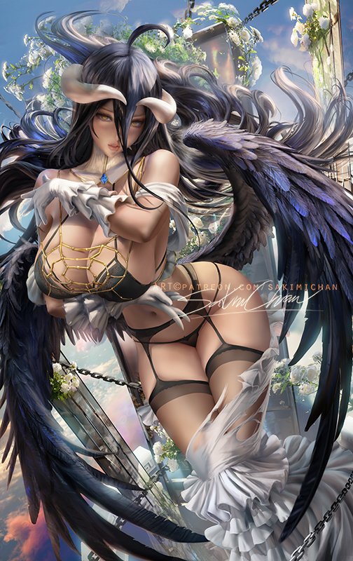 1girls, 2022, albedo (overlord), alternate version available, artist signature, bikini, black hair, breasts, cleavage, demon, demon girl, female, female only, hips, horns, huge breasts, long hair, overlord (maruyama), sakimichan, slim waist, succubus, succubus horns, succubus wings, thick thighs, thighs, watermark, white clothing, wide hips, wings, yellow eyes