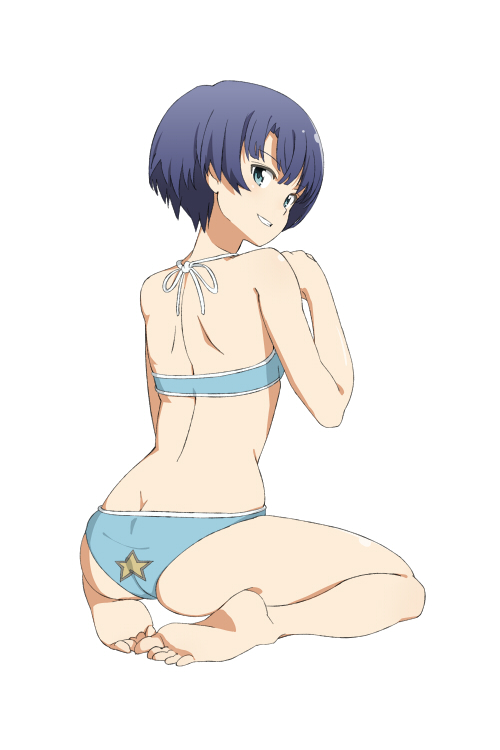 ano_natsu_de_matteru ass ass_cleavage barefoot bikini blue_eyes blue_hair butt_crack commentary_request feet female from_behind full_body looking_back plantar_flexion short_hair simple_background sitting smile solo star_(symbol) swimsuit tanigawa_kanna tt_(poposujp) wariza white_background