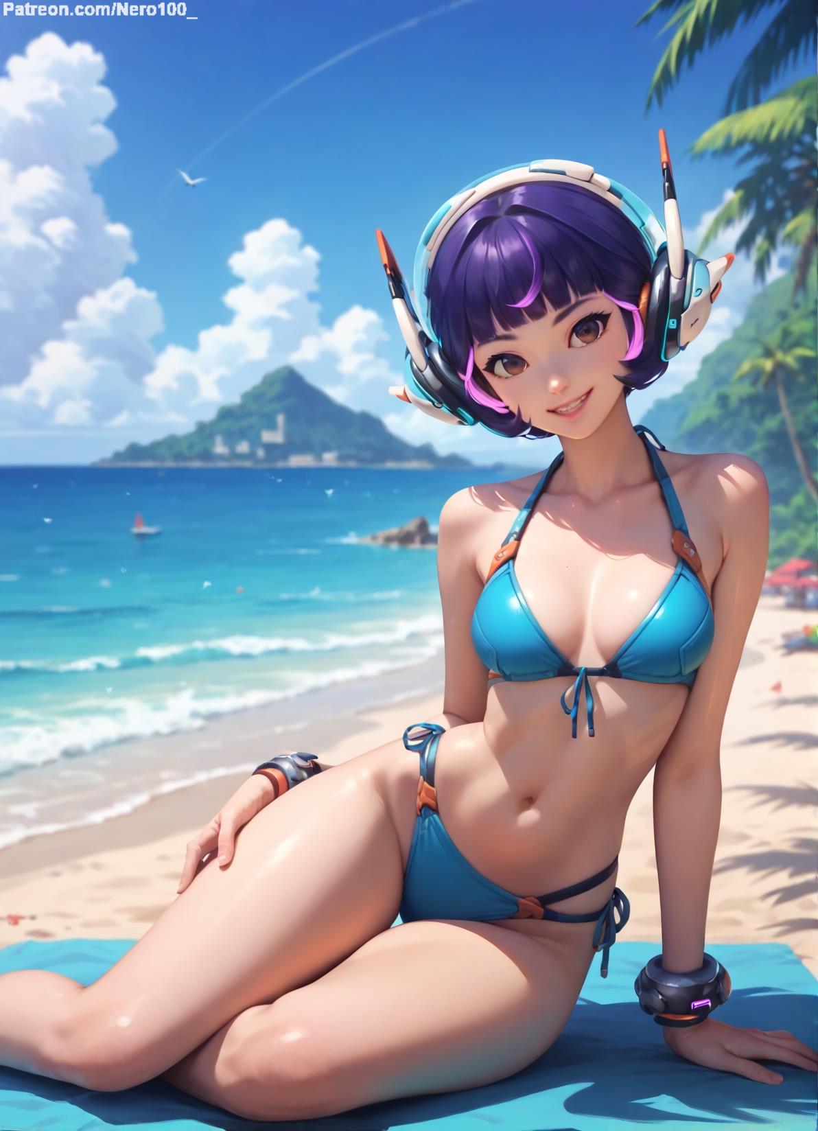 1girls, 2d, ai generated, athletic, athletic female, beach, big breasts, bikini, blizzard entertainment, blue eyes, blush, breasts, cleavage, curvy, curvy figure, cute, cute face, detailed, eyelashes, female, female only, fit, fit female, focus, headgear, high quality, juno (overwatch), legs, lips, lipstick, looking at viewer, makeup, medium breasts, navel, ocean, outdoors, outside, overwatch, overwatch 2, perky breasts, posing, purple hair, seductive, seductive look, short hair, sitting, stable diffusion, thighs