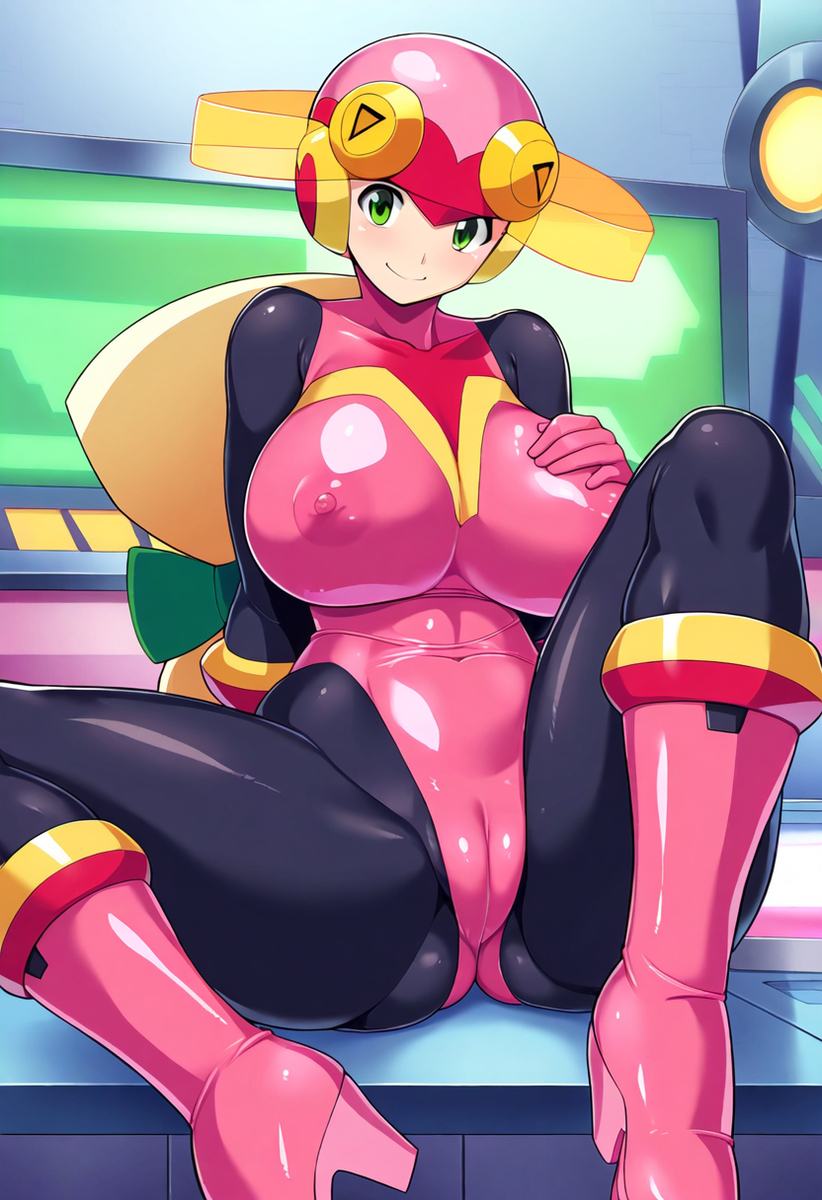 1girls ai_generated blonde_hair breasts cameltoe capcom female_focus green_eyes helmet mega_man_battle_network roll.exe sitting suit