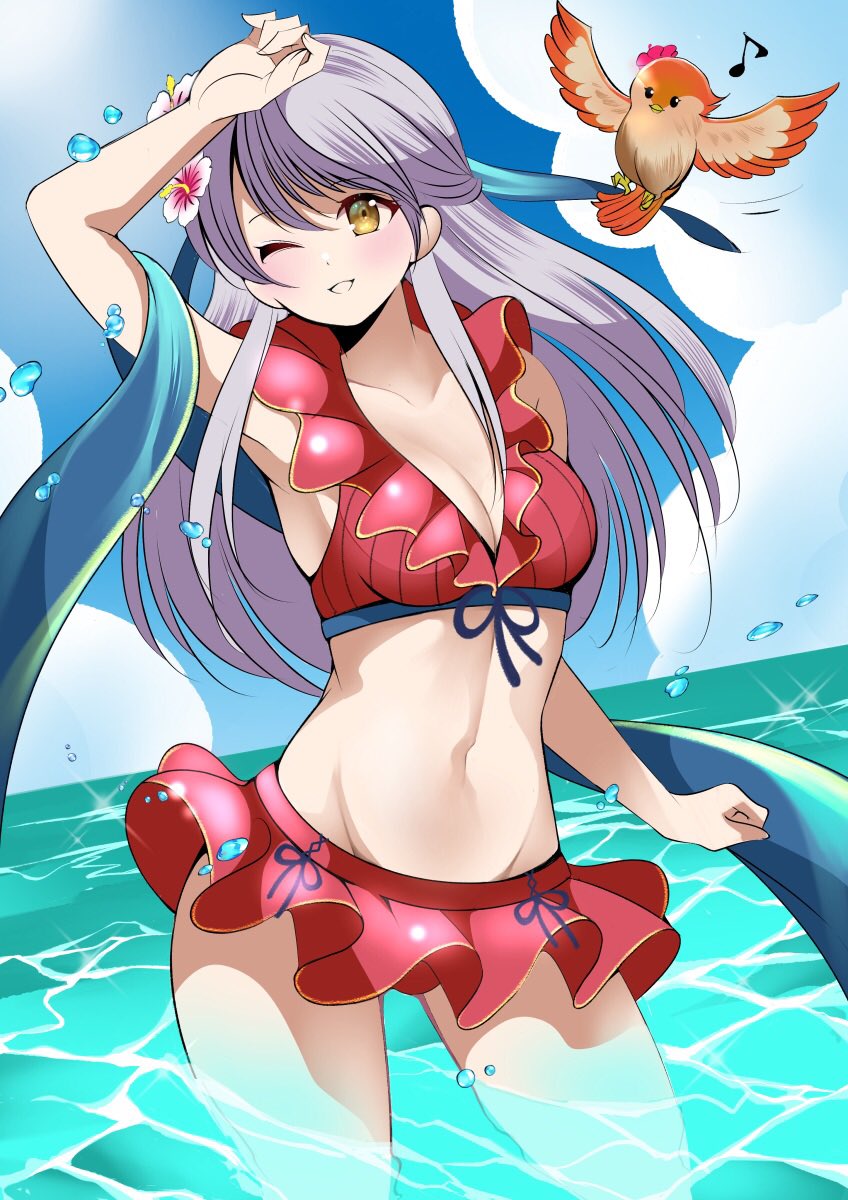 1girls ;d arm_up armpits bangs bare_shoulders bare_thighs bikini bikini_skirt bird blue_scarf breasts cleavage collarbone fe135700 female female_only fire_emblem fire_emblem:_radiant_dawn fire_emblem_heroes flower front-tie_top grey_hair groin hair_flower hair_ornament hair_ribbon half_updo highres long_hair medium_breasts micaiah_(fire_emblem) micaiah_(summer)_(fire_emblem) miniskirt musical_note navel nintendo official_alternate_costume one_eye_closed partially_submerged red_bikini red_swimsuit ribbon scarf skirt smile solo solo_female swimsuit thighs towel water yellow_eyes yune_(fire_emblem)