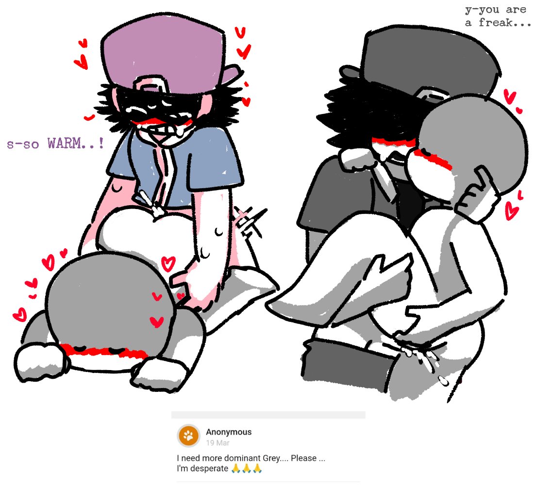 2boys anon black_hair blush chibi cum cum_drip cum_inside doggy_style friday_night_funkin friday_night_funkin_lullaby grey_(hypnos_lullaby) holding_leg hypnos_lullaby kuuderealt monochrome one_leg_up simple_coloring simple_shading sweat talking text