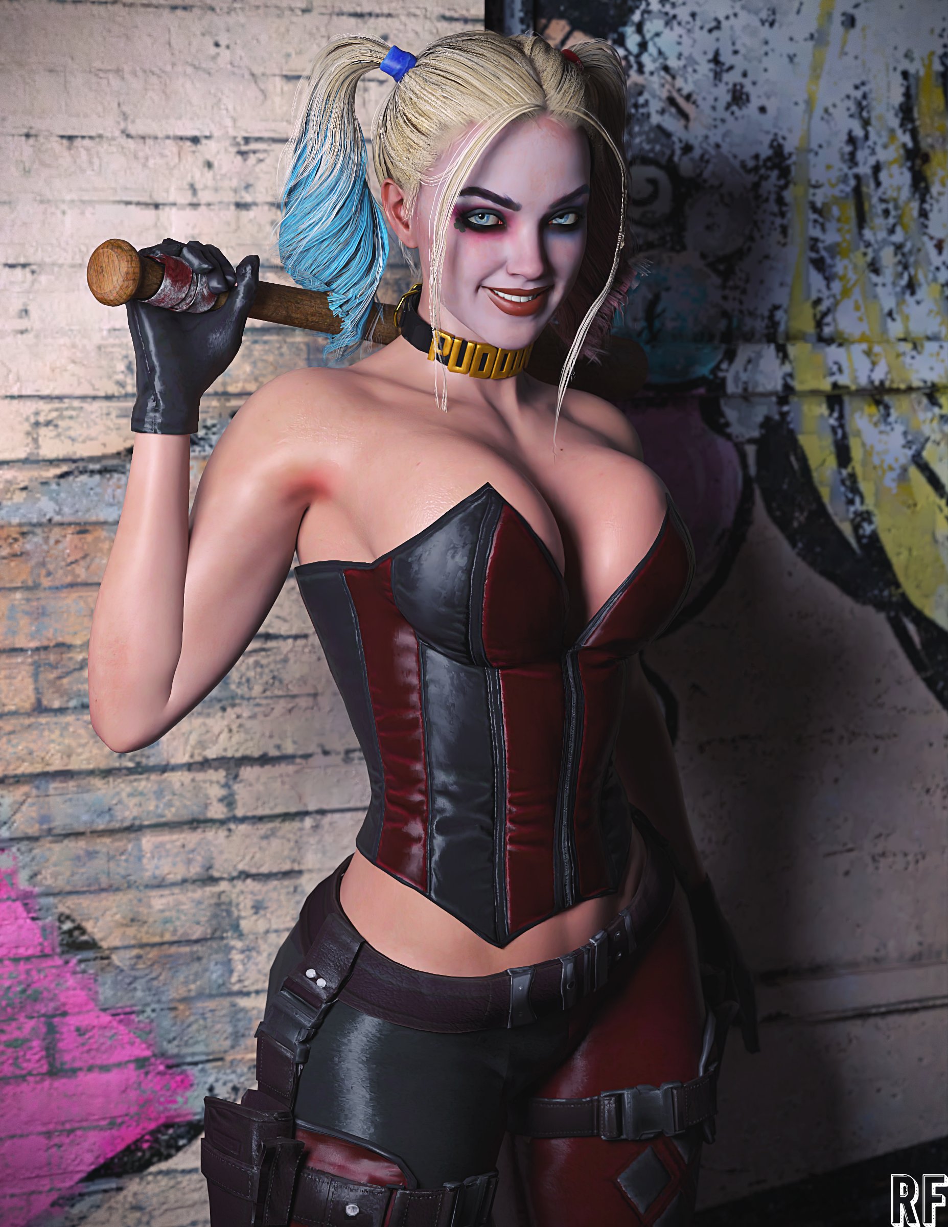 1girls, 3d, absurd res, artist logo, baseball bat, batman (series), black gloves, blonde hair, blue eyes, breasts, choker, cleavage, corset, dc, dc comics, eyeshadow, facepaint, female, female only, fully clothed, gloves, harley quinn, harley quinn (injustice), hi res, injustice 2, large breasts, leather gloves, long hair, looking at viewer, makeup, pigtails, rude frog, solo, standing, twintails, wide hips