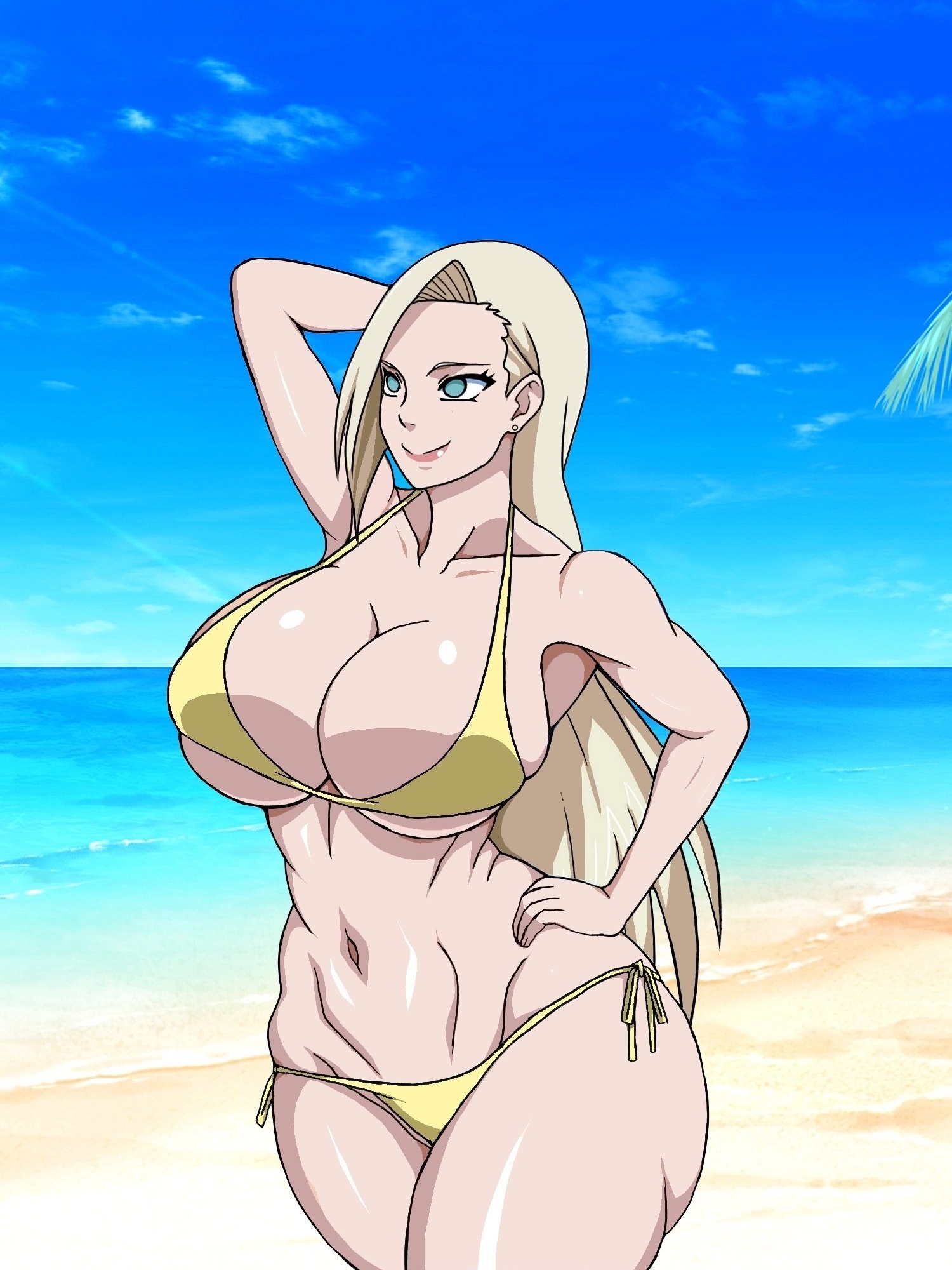 1girls, beach, big breasts, bikini, blonde female, blonde hair, blue eyes, breasts, curvy, female, fit, fit female, green eyes, hair down, hand on head, hand on hip, huge breasts, ino yamanaka, kunoichi, lipstick, long hair, loose hair, muscular, muscular female, naruho, naruto, naruto (series), naruto shippuden, naruto: the last, ocean, outdoors, pale skin, posing, sand, seaside, shore, solo, sunlight, swimsuit, thick thighs, very long hair, voluptuous, water, white skin