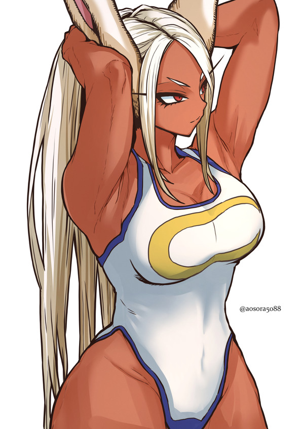 aosora armpits arms_up boku_no_hero_academia breasts bunny_ears cleavage dark-skinned_female hips leotard long_hair miruko my_hero_academia ponytail red_eyes rumi_usagiyama simple_background solo solo_female thighs white_hair wide_hips