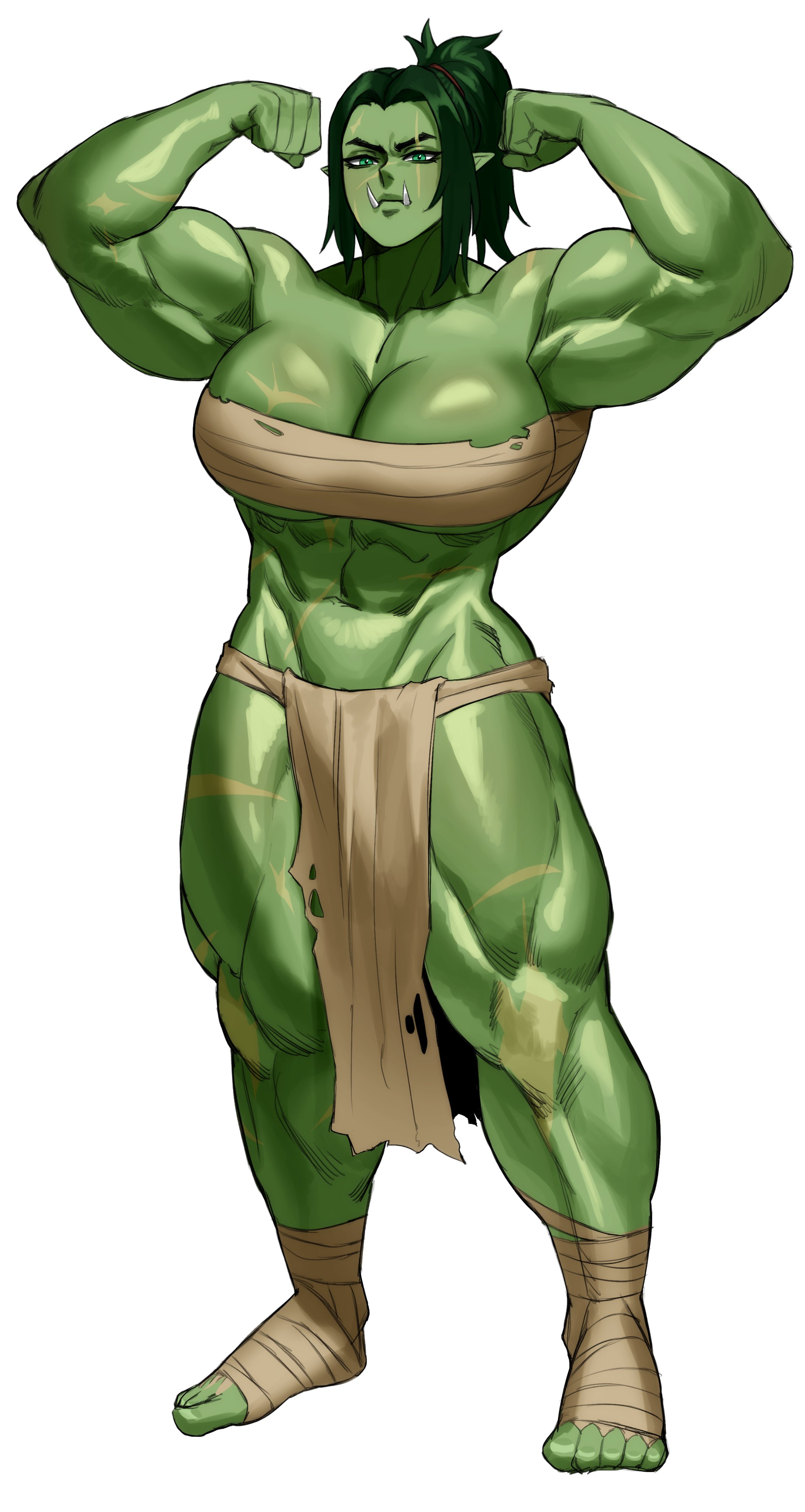 1girls, absurd res, bandaged feet, big breasts, breasts, cleavage, commission, dark green hair, fangs, female, female only, flexing, flexing bicep, flexing both biceps, green eyes, green hair, green skin, loincloth, muscles, muscular, muscular arms, muscular female, muscular thighs, narrowed eyes, orc, orc female, pointy ears, ponytail, rags, scar, scar across eye, scars all over, solo, solo female, sotcho, thick thighs, thighs, white background