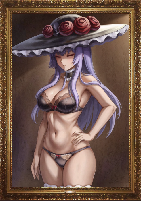 07th_expansion 2024 ai_generated artist_request bra breasts closed_eyes closed_mouth female female female_focus female_only hat hat_flower long_hair mature_female milf navel painting panties standing thighhighs thighs umineko_no_naku_koro_ni virgilia