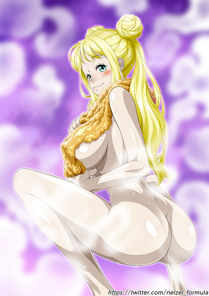 1girls blonde_hair blue_eyes female female_only giantess large_ass large_breasts legs long_hair looking_at_viewer naked nel-zel_formula one_piece sauna shiny_skin simple_background smiling twintails vegapunk_york