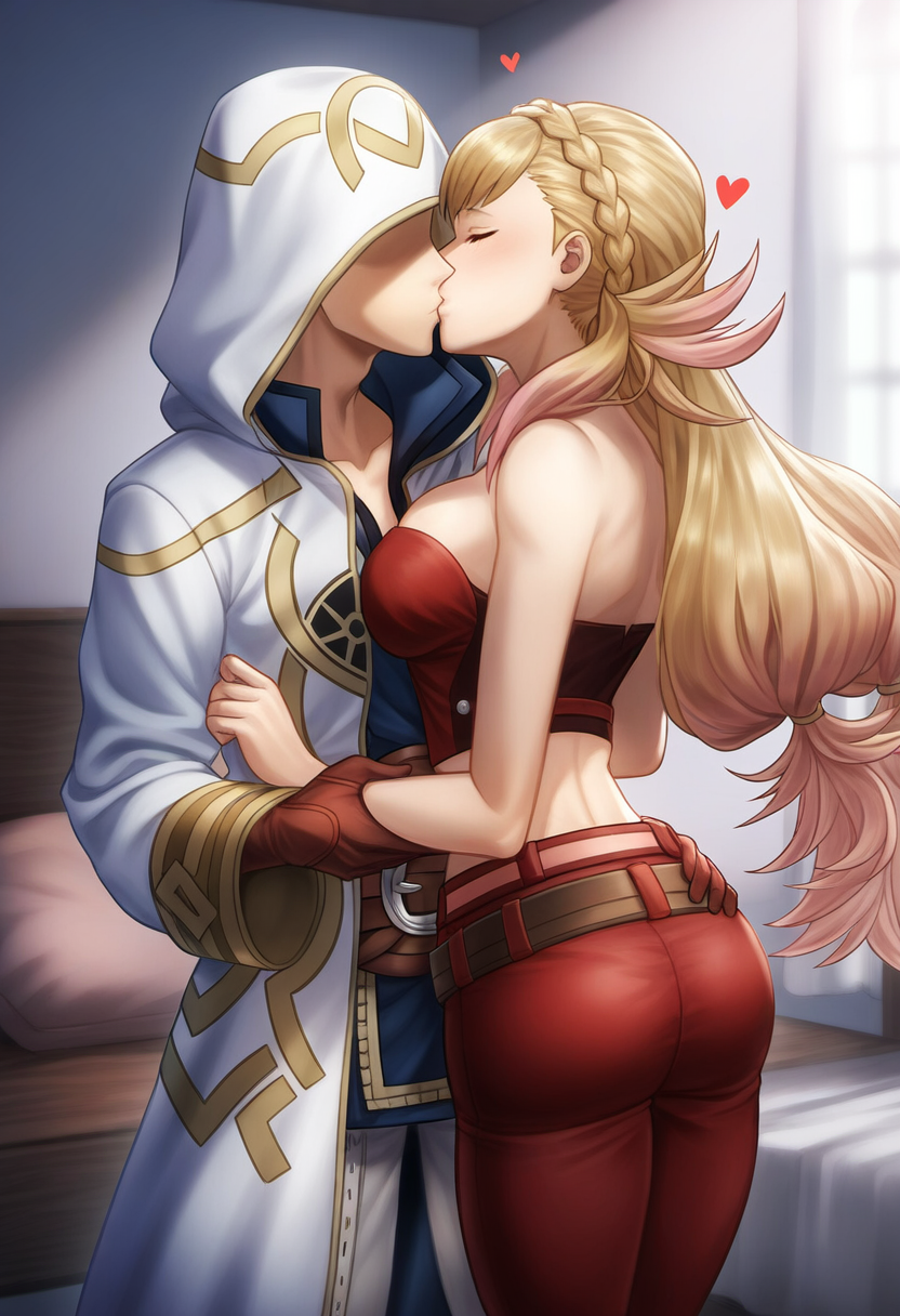 ai_generated bare_shoulders belt big_ass big_breasts fire_emblem fire_emblem_heroes hand_on_another's_hip heart holding_hands kiran_(fire_emblem) kiran_(fire_emblem)_(male) kissing long_pants midriff nai_diffusion red_clothes red_pants red_strapless sharena_(fire_emblem) stable_diffusion standing strapless